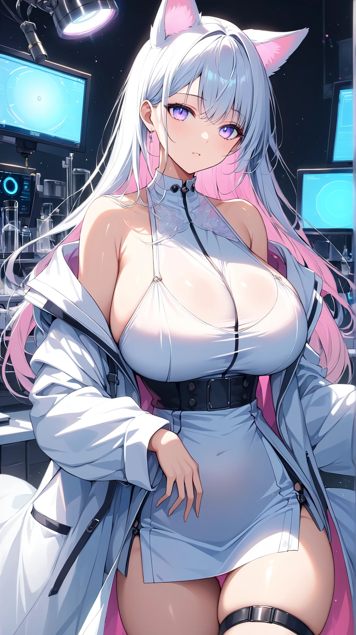 Highest quality、woman、White、Scientist、Suspicious Smile、Large Breasts、Holding a syringe