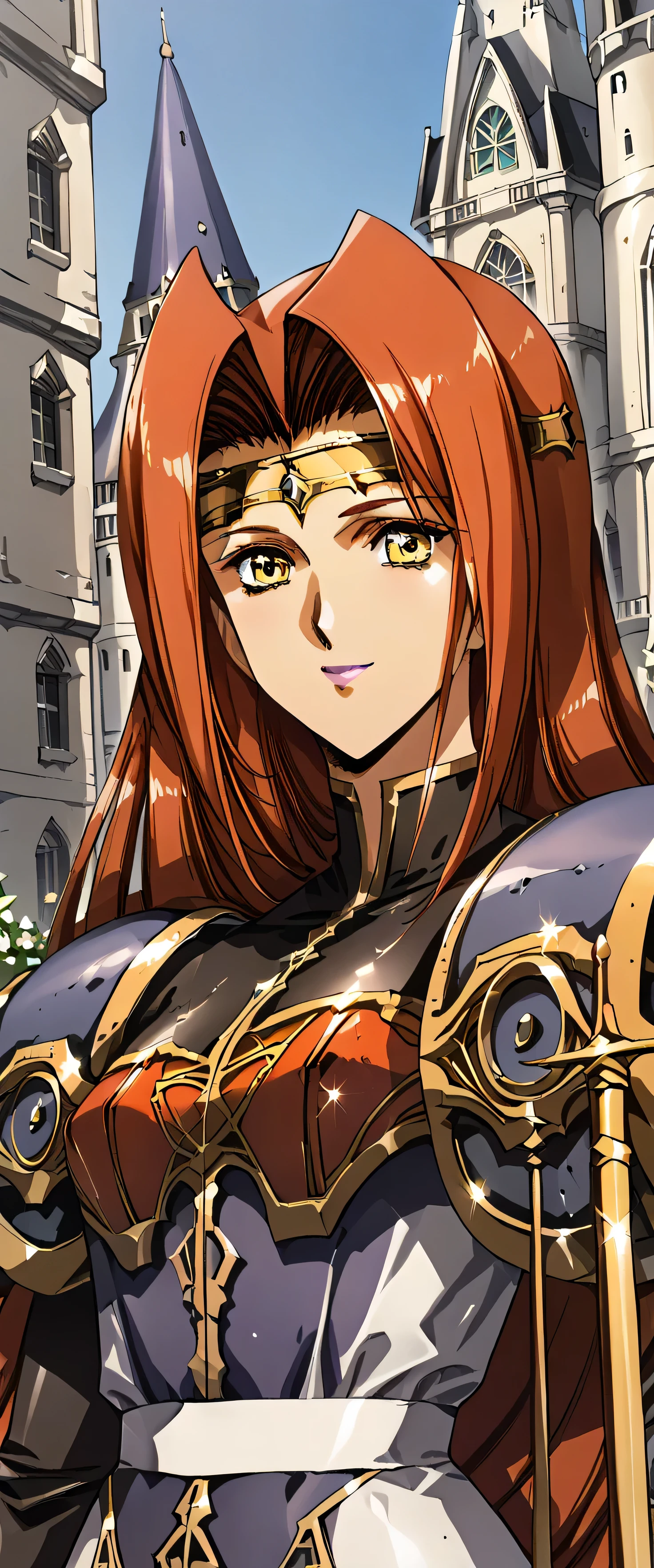 (score_9,score_8_up,score_7_up,BREAK source_anime,(masterpiece:1.2),best quality,very aesthetic,public indecency,absurdres),masterpiece,best quality,very aesthetic,absurdres,intricate details,fantasy,1girl,solo, fana,sword,circlet,red hair,yellow eyes,very long hair,pauldrons,shoulder armor,armor, looking_at_viewer,standing,castle,upper_body,face_focus,smile,portrait,, masterpiece,best quality, very aesthetic, absurdres, ultra detailed, high resolution, 4k, extremely detailed CG,
