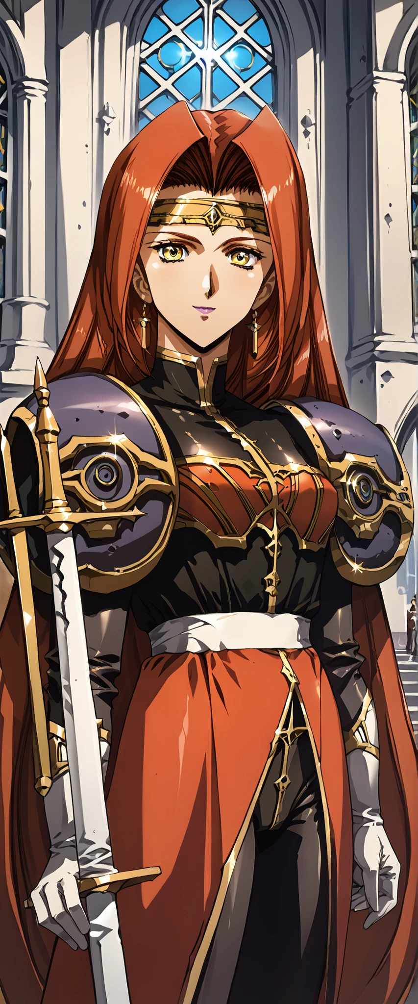 (score_9,score_8_up,score_7_up,BREAK source_anime,(masterpiece:1.2),best quality,very aesthetic,public indecency,absurdres),masterpiece,best quality,very aesthetic,absurdres,intricate details,fantasy,1girl,solo, fana,sword,circlet,red hair,yellow eyes,very long hair,pauldrons,shoulder armor,armor, looking_at_viewer,standing,castle,upper_body,face_focus,smile,portrait,, masterpiece,best quality, very aesthetic, absurdres, ultra detailed, high resolution, 4k, extremely detailed CG,
