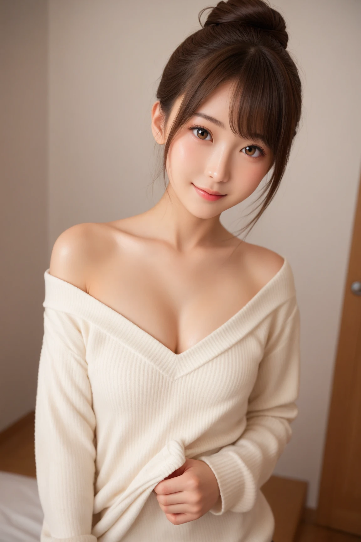 (best quality,highres,masterpiece:1.2),ultra-detailed,realistic:1.37,japanese girl,(beautiful,attractive) young japanese girl,(full,ample) bosom,(cosy,small,compact) one-room apartment,(soft,pink,comfy,comfortable) bed,(stylish,trendy) V-neck white knit sweater,(stylish,classy,sassy) black mini skirt,(stylish,trendy) selfies,(slightly,left) gaze,bedroom eyes,blush on cheeks,long black hair,beautiful smile,soft natural lighting,subtle shadows,vibrant colors,lush,relaxed posture,peaceful atmosphere,