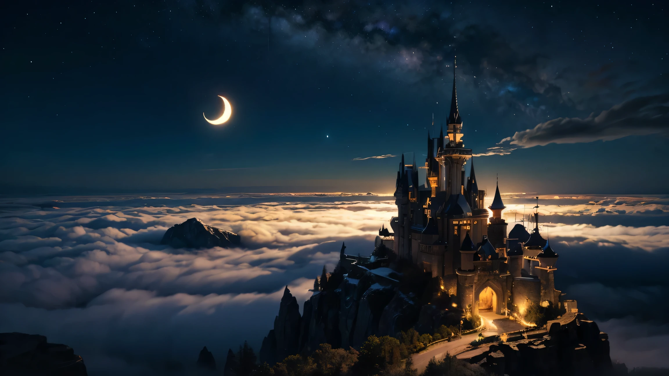 A magical fantasy castle under the night sky with a large crescent moon, stars glowing, mystical fog, glowing runes in the air, fantasy dreamlike landscape, wide view, high resolution
768