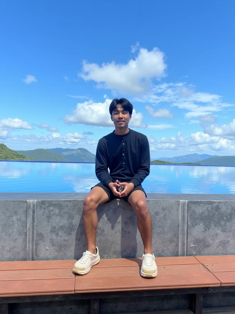 there is a man sitting on a pool edge in the water, sitting in the pool, sitting at the edge of pool, squatting down next to a pool, sit on the edge of swimming pool, next to a pool, paradise in the background, next to a tropical pool, inspired by Adam Dario Keel, doing a hot majestic pose, with palm trees in the back
