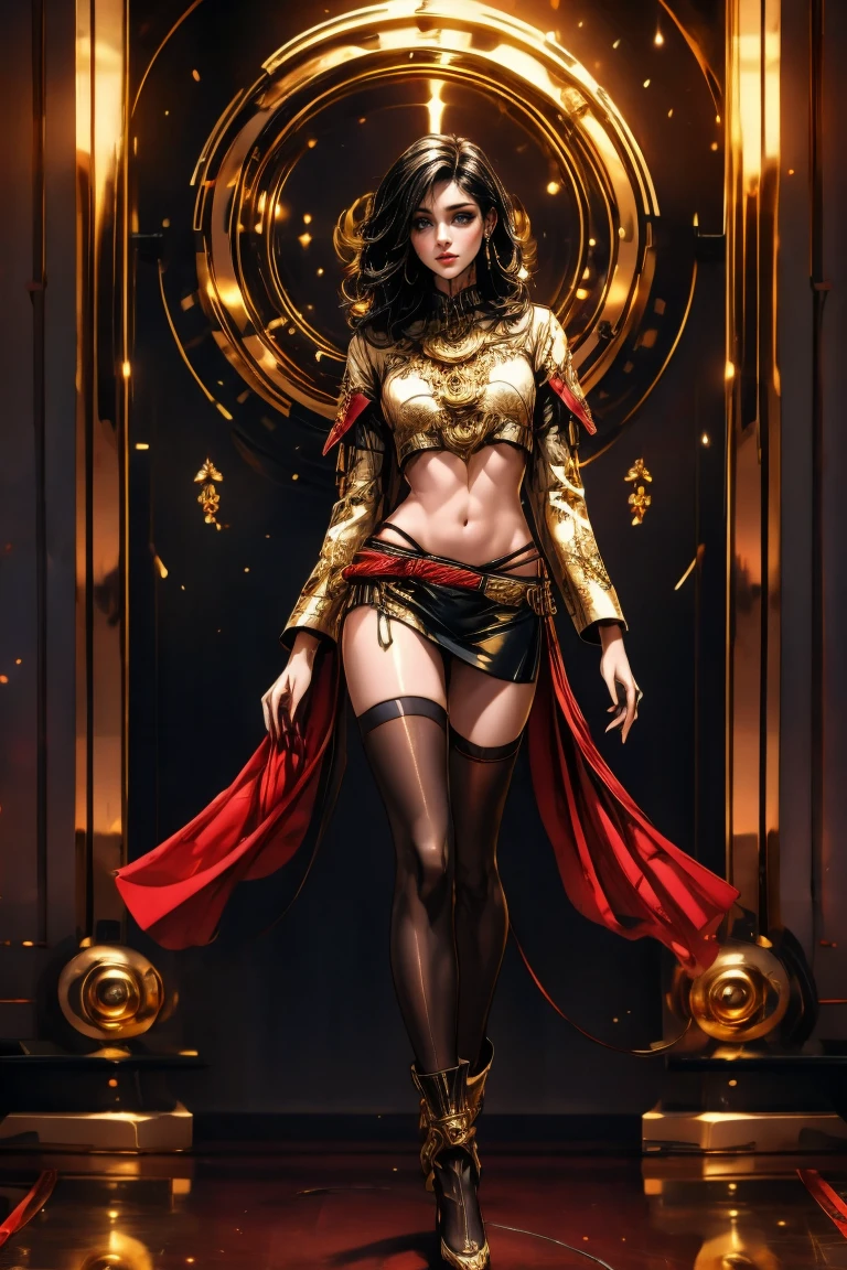 A beautiful woman with medium-length chestnut-black hair, Latin American heritage, a flawless oval face, passionate gaze, sweet smile, tall and graceful dancer's figure, a fantasy-realism style flamenco-inspired dress, flowing skirt, alternating red and black textures, red as the main color, complemented by black accents, she gracefully performs her dance moves on the stage of a fantasy-style Western tavern, this character embodies a finely crafted fantasy-realism style Flamenco dancer in anime style, exquisite and mature manga art style, perfect body, perfect nose, perfect mouth, perfect eyes, perfect smille, goddess, feminine, high definition, best quality, highres, ultra-detailed, ultra-fine painting, extremely delicate, professional, anatomically correct, symmetrical face, extremely detailed eyes and face, high quality eyes, creativity, RAW photo, UHD, 32k, Natural light, cinematic lighting, masterpiece-anatomy-perfect, masterpiece:1.5