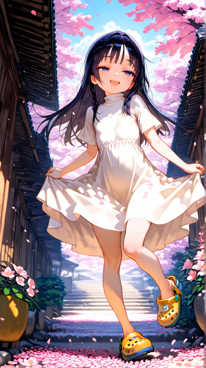 UHD, Super Detailed, High Quality, Best Quality, Masterpiece, detailed background, High Resolution, Anatomically Correct, 1loli, petite, 1preteen girl,skinny. A 14-years-old junior high school girl facing viewer with a smile, long black hair, she wear a white turtleneck sun dress, short sleeves, and crocs shoe. she standing on one leg at garden of sakura flowers within the cherry blossom trees, pink flower petals blown by the wind, the ground is filled by flower petals, looking back, happy, half-closed eyes, open mouth smile, she seems carefree and joyfull, she hold her arms with knive behind her back while lifting one of her feet and lean on side, the shot was taken from a distance where it also captures the scenery dramaticly, Wide Shot, F/1.2,