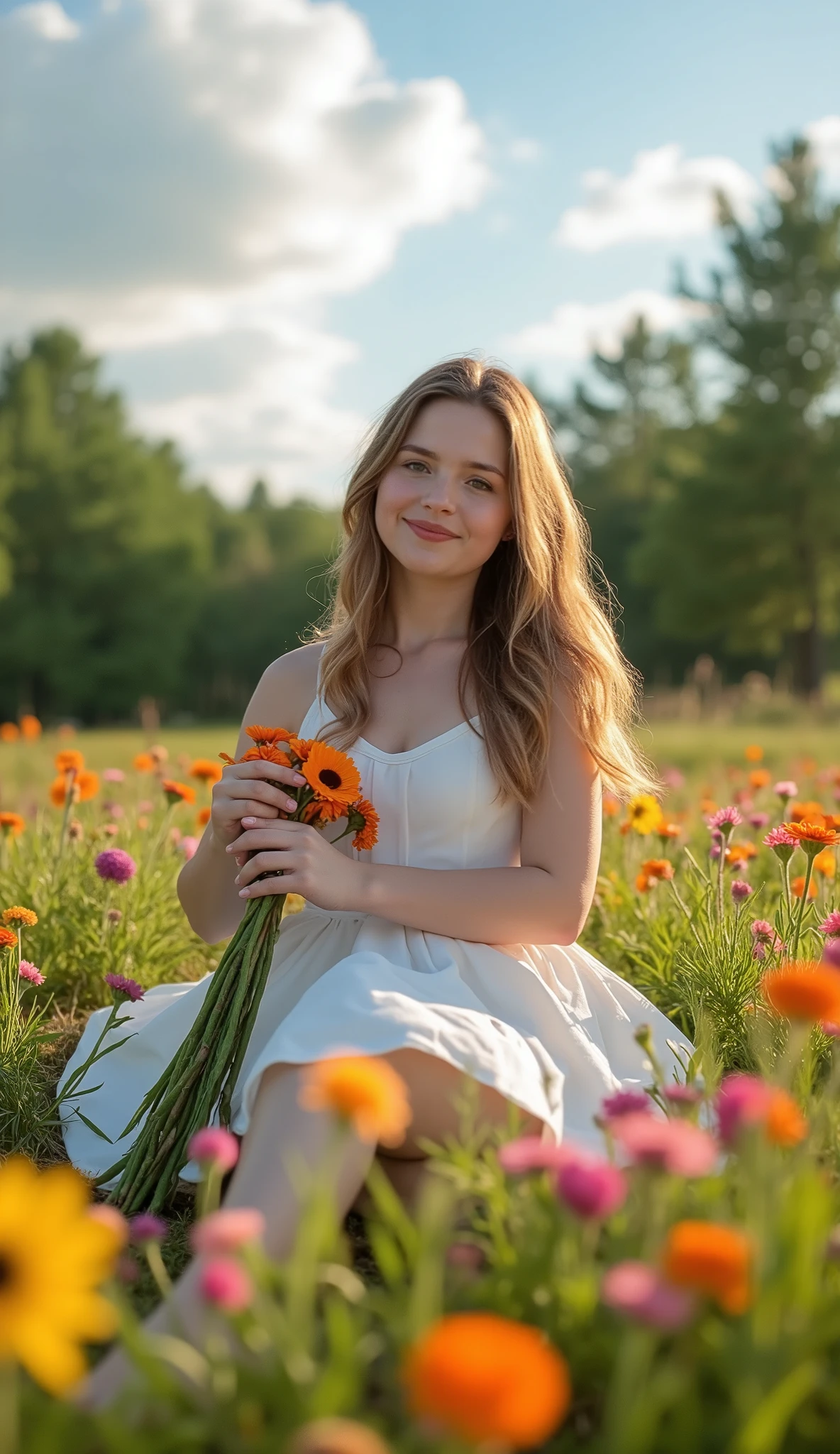 masterpiece,best quality,ï¼
1girl, 30y old, sitting on grass, flowers, multi colors blooms, holding flowers, warm lighting, white dress, blurry foreground, (forest:1.5), full body, pés descalços, olhos claros, labios grossos, céu com nuvens, ventos calmos, cenário lindo, perfeição nos detalhes, realista, {papel de parede Unity CG 16k extremamente detalhado}, fotografia de paisagem expansiva, (visão de ângulo baixo com foco no personagem e no cenário), (visão de campo aberto), (foto de ângulo baixo), (luz alta: 1,6), (luz baixa: 1,0), (fonte de luz quente: 1,2), detalhes intrincados, (cores iridescentes: 1,5), (iluminação brilhante), (iluminação atmosférica), calmaria, único,