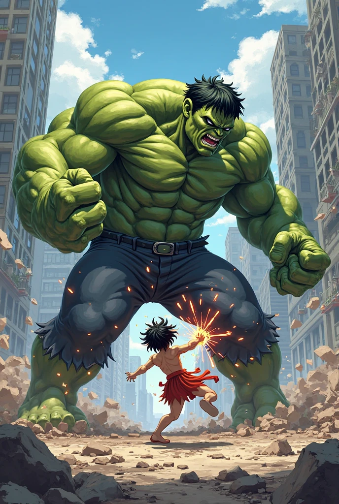 Two character, ??? boy with old man green orc, full body version, ??? boy has curly black hair, red eyes, he's topless, he's happy, open mouth, indoor, town, (one piece style art)