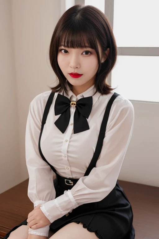 Highest quality、Ultra-high resolution、Professional Lighting、Detailed Background、hotel room、full body,Kobeni-chan、crying a little、25-year-old woman、beautiful girl、(Kobeni-chan、Jet black hair, Black Hair, bangs, One-sided hair,)、(Red Hair Clip:1.1)、(White shirt:1.2)+(Black tie:1.2)+(black long pants for work:1.2)、(Huge breasts that look like they might burst:1.2)、(Big thighs:1.1)、Are standing、Model pose