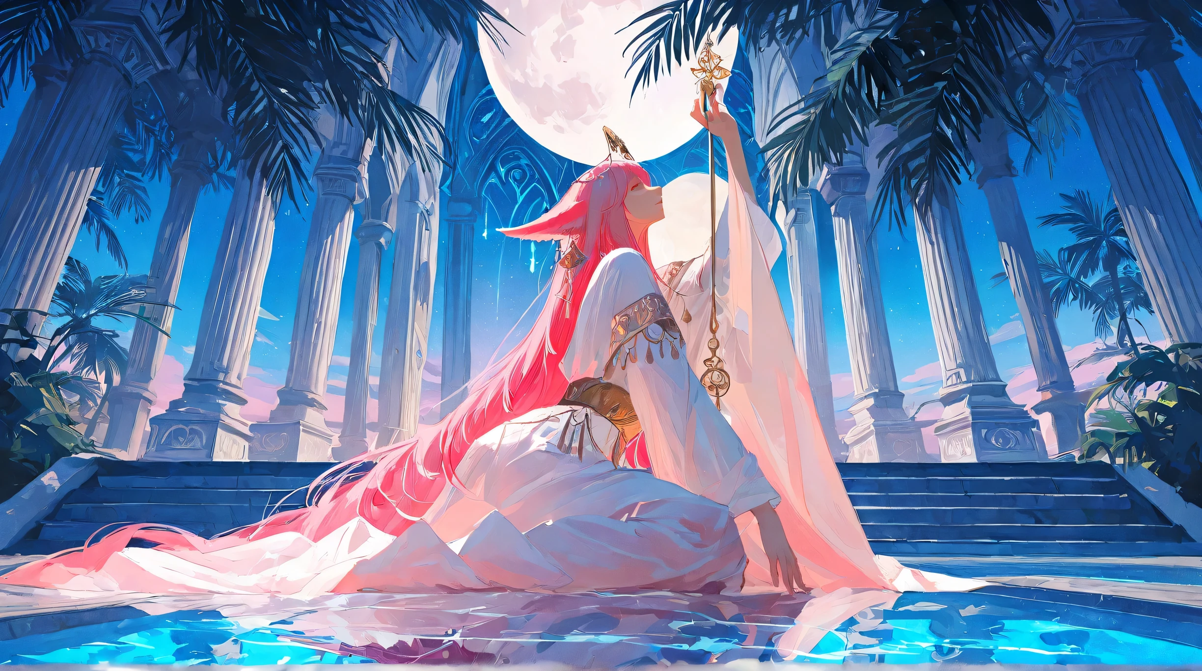 Masterpiece, Best Quality, Top Quality, Very Detailed, 1 girl, Stunning anime-style artwork of a mystical, elegant girl with long flowing pink hair and fox-like ears, sitting gracefully in a glowing pool under the full moon. She wears an ornate white and red outfit with fantasy elements and detailed accessories. The background shows a tropical night with silhouettes of palm trees and dimly lit traditional buildings, reflections shimmering on the water. The scene is calm, magical, and softly illuminated with blue tones and moonlight. Ultra-detailed, fantasy aesthetic, serene composition.