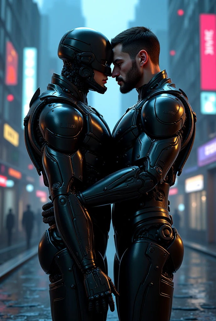 2 men, photo-realistic. A 25-year-old, fit, handsome, male futuristic hero, with short, fade-cut brown hair, stubble, and blue eyes, wearing black and blue cyber underwear, tightly, and lovingly embracing, passionately kissing, and having sex with a 20-year-old, fit, handsome, male futuristic man, with short, fade-cut blond hair, stubble, and closed eyes, mouth open, wearing blue and yellow cyber underwear. They are standing by a large window, in a futuristic apartment, in a neon city, at night. They both have huge erect cocks, and cum drips down his body, and from his cock. Gay, NSFW, sexy, erotic, huge cocks, muscular men.