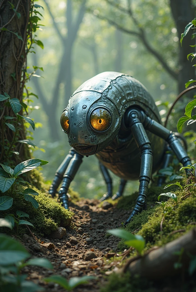 close up photo of a small clockwork twinkletoad biomechanical robot organism, The magical location was situated in a lush, vibrant forest located in an exotic biome of a distant fantasy planet. The sun shone through the thick canopy of trees, casting shimmering beams of light in between the lush foliage. The air was thick with the scent of wildflowers and damp earth. ,horror, (highly detailed:1.1), (extremely intricate:1.05), cinematic shot, 8k, sharp focus, studio photo, intricate details, highly detailed,