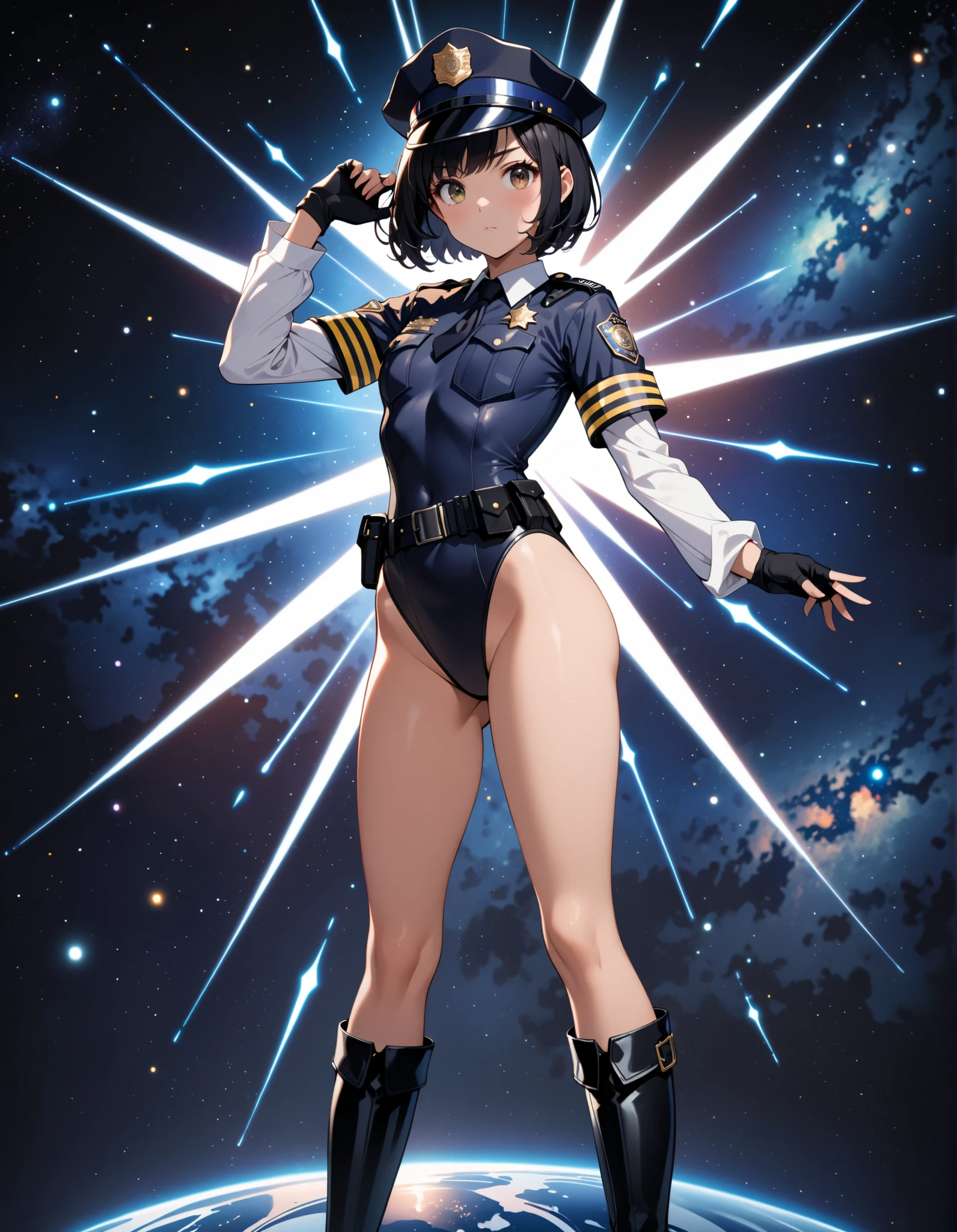 (masterpiece), (best quality), (high res),1girl, tall body, ((short hair, bob hair, jet black hair)), (hazel eyes) beautiful detailed eyes, beautiful detailed face, cute face, perfect hands, complete fingers, perfect anatomy, perfect proportions, ((hat, black police hat)), ((leotard, matching leotard, bare legs)), ((boots, matching boots)), breasts, medium breasts, fingerless gloves, (full body portrait), looking at viewer, solo, solo focus, police uniform, cowboy shot, (belt, tight belt), (armbands, white sleeves), serious, crossed arms, full body costume design. ahoge, she spins at an incredible speed, creating a whirlwind of air around her, spins fast in place like a tornado.
