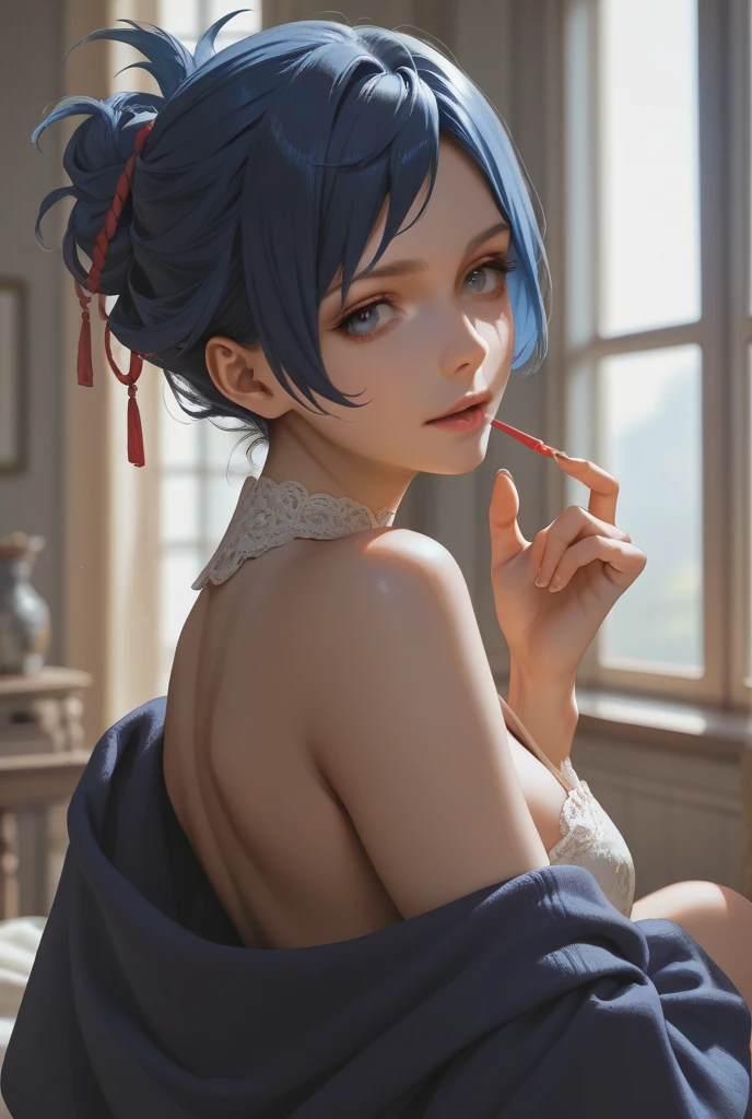 (masterpiece, best quality, 1girl, solo, intricate details, chromatic aberration), realistic, short hair,  medium breasts, blue hair, sea green eyes,  black hair, dark blue head ornament, blue highlights, sharp eyes, choker, ((nude)),  night time, arms up, armpits,  lanterns, high heels, Chinese tea shop, crystal armlet, thigh strap, looking at viewer, <lora:koreanDollLikeness_v15:0.2>,<lora:inniesBetterVulva_v11:0.4>  <lora:yelanLoraCollectionOf_yelanHard:0.4>