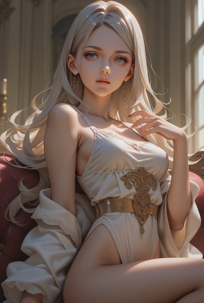 high resolution, best quality, masterpiece, very high image quality, ultra-detailed, hyperrealistic, 3d, solo, very Beautiful woman with gentle seductive calm face, white medium hair, high layer cut, mullet hair style, sparkling gold big eyes, perfect proportions, full body, feather robe, thin gold line embroidery --auto --s2