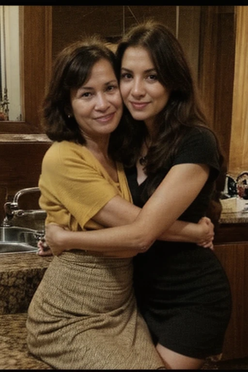 photograph of a dark-haired woman with windblown curls, her hair is intertwined, like a flame against the twilight sky., radiating unbridled beauty, Big breasts, visiting her grandma for some tea at los angeles california in a house, smiling with her grandmother