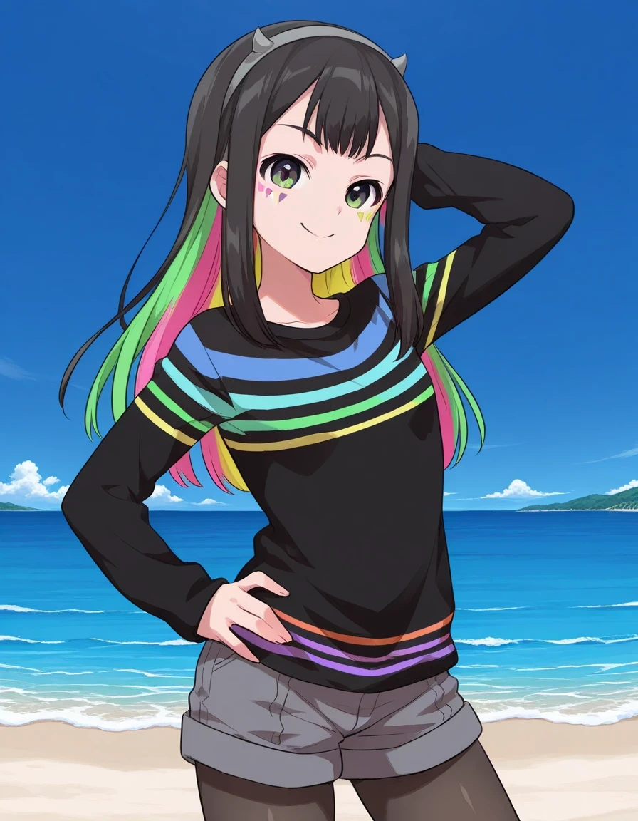 Nanairo Multi,multicolored hair,black shirt,striped shirt,hairband,black pantyhose,grey shorts,long sleeves,facial mark, shiny skin, high quality, solo, three-quarter cowboy shot, (contrapposto), hand behind head, hand on hip, closed mouth, night sky, beach, looking at viewer, smile, best quality,