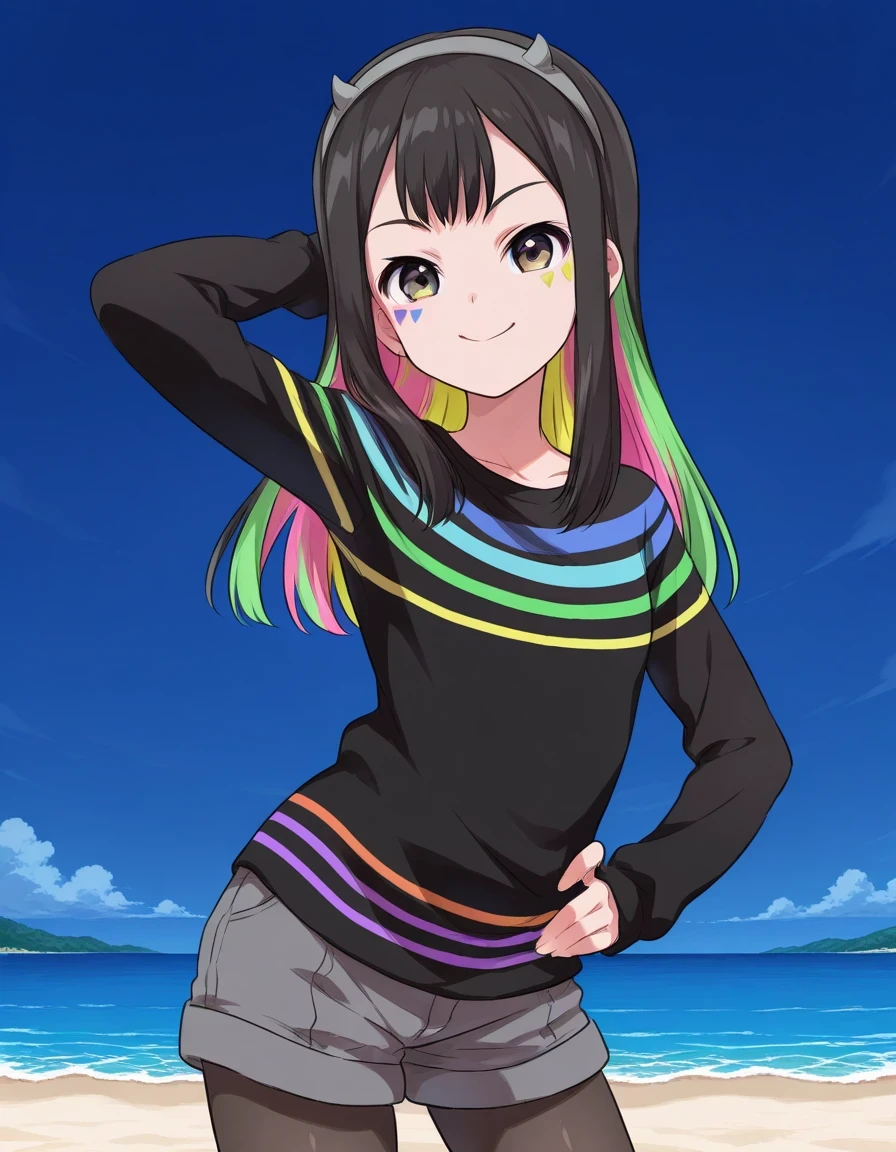 Nanairo Multi,multicolored hair,black shirt,striped shirt,hairband,black pantyhose,grey shorts,long sleeves,facial mark, shiny skin, high quality, solo, three-quarter cowboy shot, (contrapposto), hand behind head, hand on hip, closed mouth, night sky, beach, looking at viewer, smile, best quality,