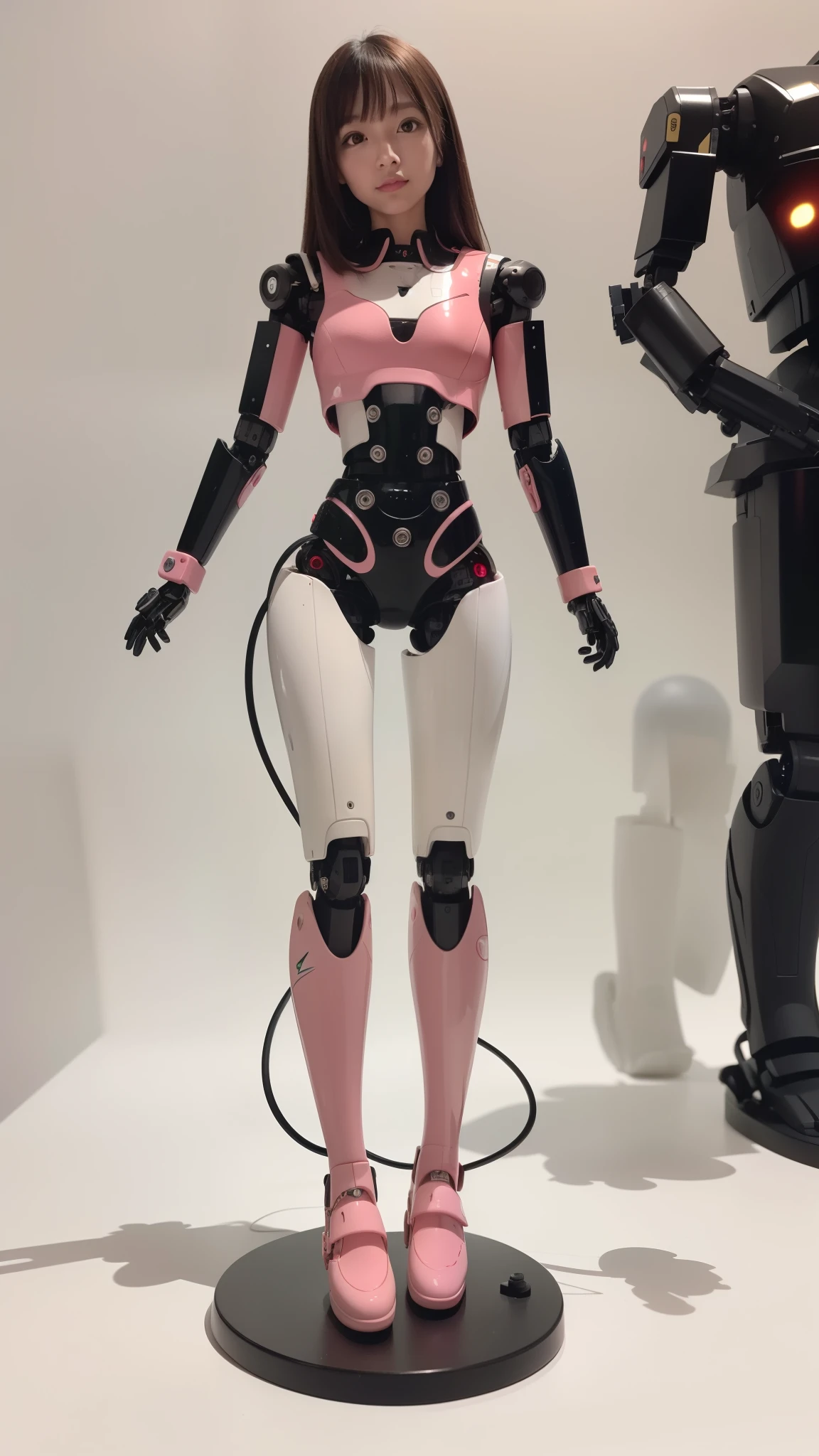 cyborg, pink there, Silver, Metallic body, Robot Parts, Metal Parts, Super Detailed Face, Super well-formed face, of the highest quality, a small face, a small head, full body, Brown hair, Slender body, Camera gaze, Internal Mechanical Exposure, Idol, Well-proportioned body, gravure, Photo session, Akihabara, Moe Pose, Standing with legs open, Model body type, sad, Embarrassing,(Perfect Robot Girl),(Perfect machine body)
