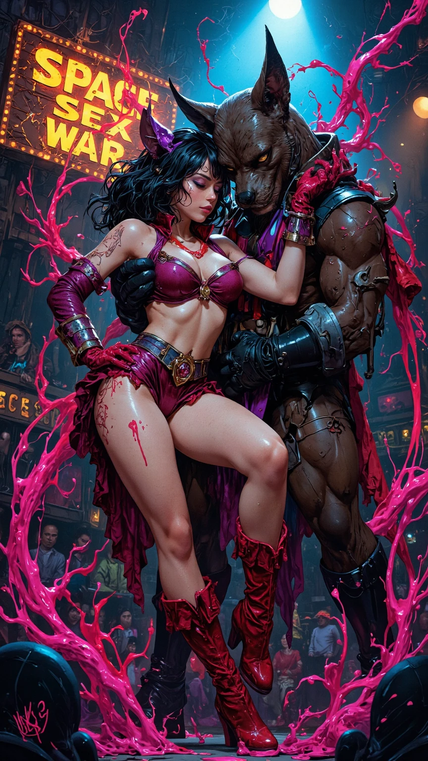 Sexy mature woman pulls mini bikini,sweat profusely,incredibly sexy,muscular calves,Toned abs,Wet pubic hair,Purple high heels,Amazing anatomy, (Fantasy Horror Perfect Art, 64K Ultra HD:1.1), (art by apterus, Artwork by Dan Mumford, The Art of Lovecraft:1.2), Best quality at best, 500px, Computer Graphics Association, Red animal genitals everywhere, long shiny monster , nuclear fallout, Cool, Dark,