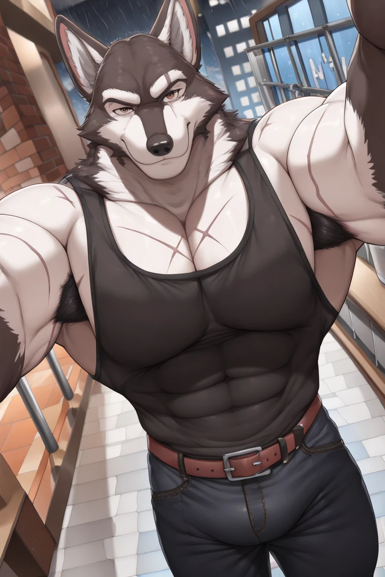 ((best quality)), ((Masterpiece)), (details), perfect face,high definition,Masterpiece,4k,detailsชัดเจน,,,หน้าhandsome,white skin,perfect body,male body,strong muscles,wavy abdominal muscles,Abs,blue eyes,white skin,jeans,jeansส์สกินนี่,handsome,,The coolest face,Male characters,,challenge,Show off your body,Strong breasts,beautiful eyes,Look clearly.,mocking face,strong,,male nipples,Body Show,short hair,man,.,ทรงผมman,perfect eyes,night sky,Masterpieceของภาพยนตร์,epic stage,Wolf Face,wolf man,black furry,wolf claw,wolf teeth,hot Wolf,Hot guy,sexy pose,dog tongue,angle