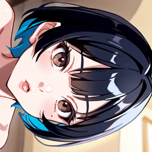  (masterpiece:1.3), (Best Quality:1.3), (Ultra-detailed:1.2), ((kawaii)), Cute, (lovely), ((sexy)), ((Extremely detailed)), 4K, (8K), Best Quality, (Beautiful), Illustration, anime style, (bold line:1.2), Gradation, looking at viewer, //, (bent down:1.1), (arms behind back), //, a cute girl, 1girl, (solo:1.2), gleaming skin, //, (flat nude chested), (Perfect eyes:1.2), (Perfect iris:1.2), //, blue hair color, (beautiful eyes) //, (half closed eyes:1.3), (sexual expression:1.2), Fascinated expression, smile, (blush:1.2), //, modern pink restroom, on bed, nude, strong abs, sexy lingerie