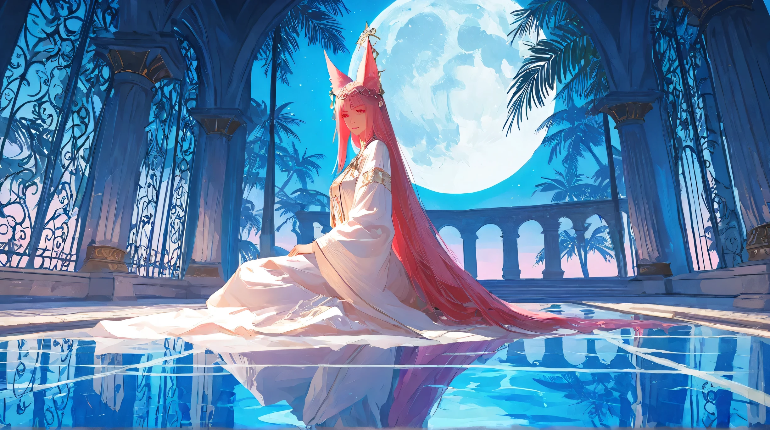 Masterpiece, Best Quality, Top Quality, Very Detailed, 1 girl, Stunning anime-style artwork of a mystical, elegant girl with long flowing pink hair and fox-like ears, sitting gracefully in a glowing pool under the full moon. She wears an ornate white and red outfit with fantasy elements and detailed accessories. The background shows a tropical night with silhouettes of palm trees and dimly lit traditional buildings, reflections shimmering on the water. The scene is calm, magical, and softly illuminated with blue tones and moonlight. Ultra-detailed, fantasy aesthetic, serene composition.