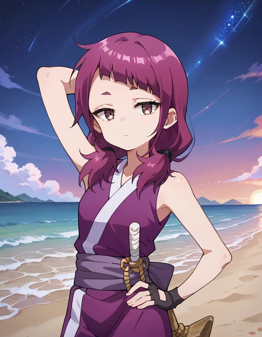 shakuyaku, sleeveless, japanese clothes, hightighs, fingerless gloves, anime screenshot, shiny skin, high quality, solo, three-quarter cowboy shot, (contrapposto), hand behind head, hand on hip, closed mouth, night sky, beach, looking at viewer, expressionless, best quality,