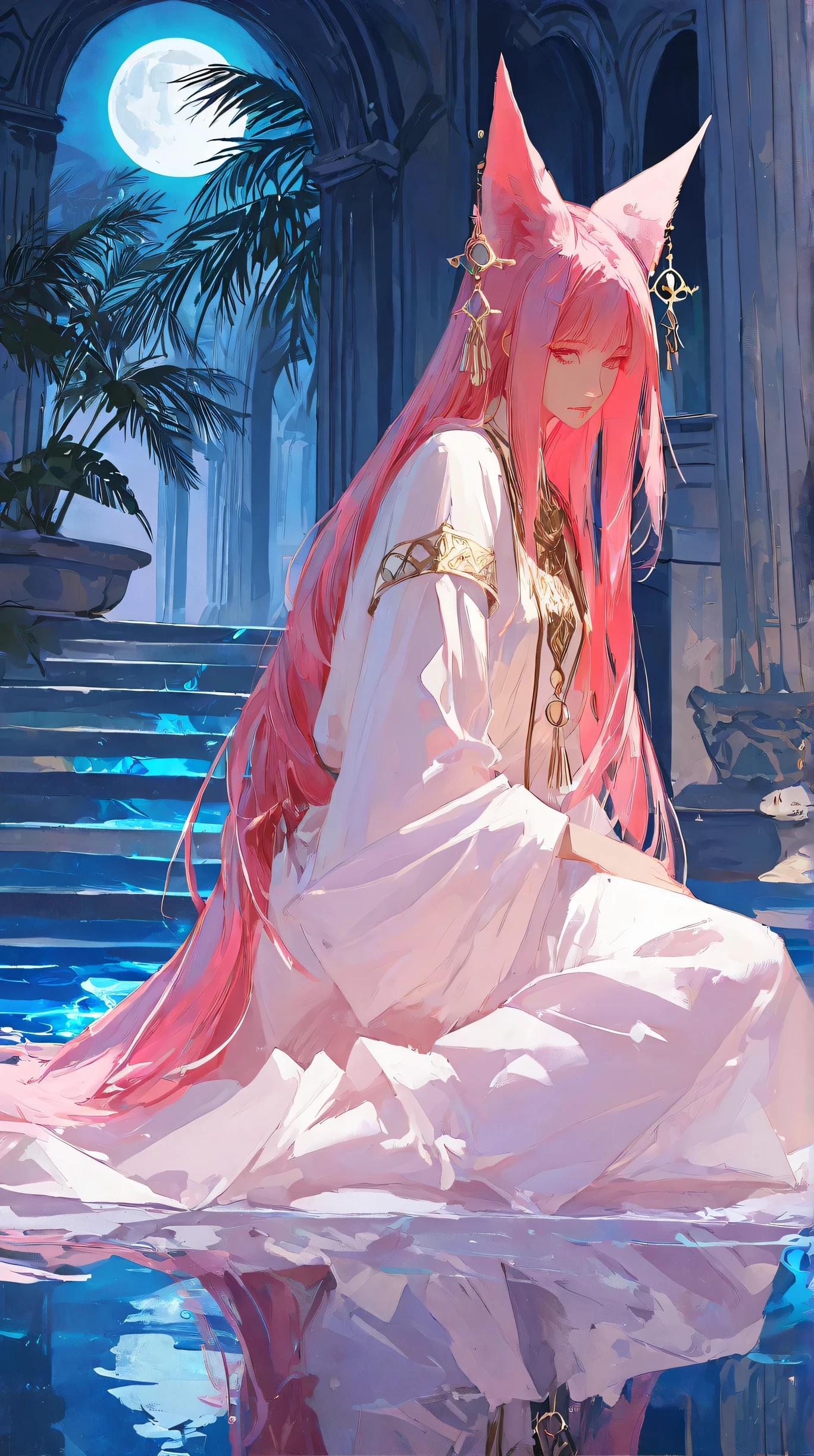 Masterpiece, Best Quality, Top Quality, Very Detailed, 1 girl, Stunning anime-style artwork of a mystical, elegant girl with long flowing pink hair and fox-like ears, sitting gracefully in a glowing pool under the full moon. She wears an ornate white and red outfit with fantasy elements and detailed accessories. The background shows a tropical night with silhouettes of palm trees and dimly lit traditional buildings, reflections shimmering on the water. The scene is calm, magical, and softly illuminated with blue tones and moonlight. Ultra-detailed, fantasy aesthetic, serene composition.