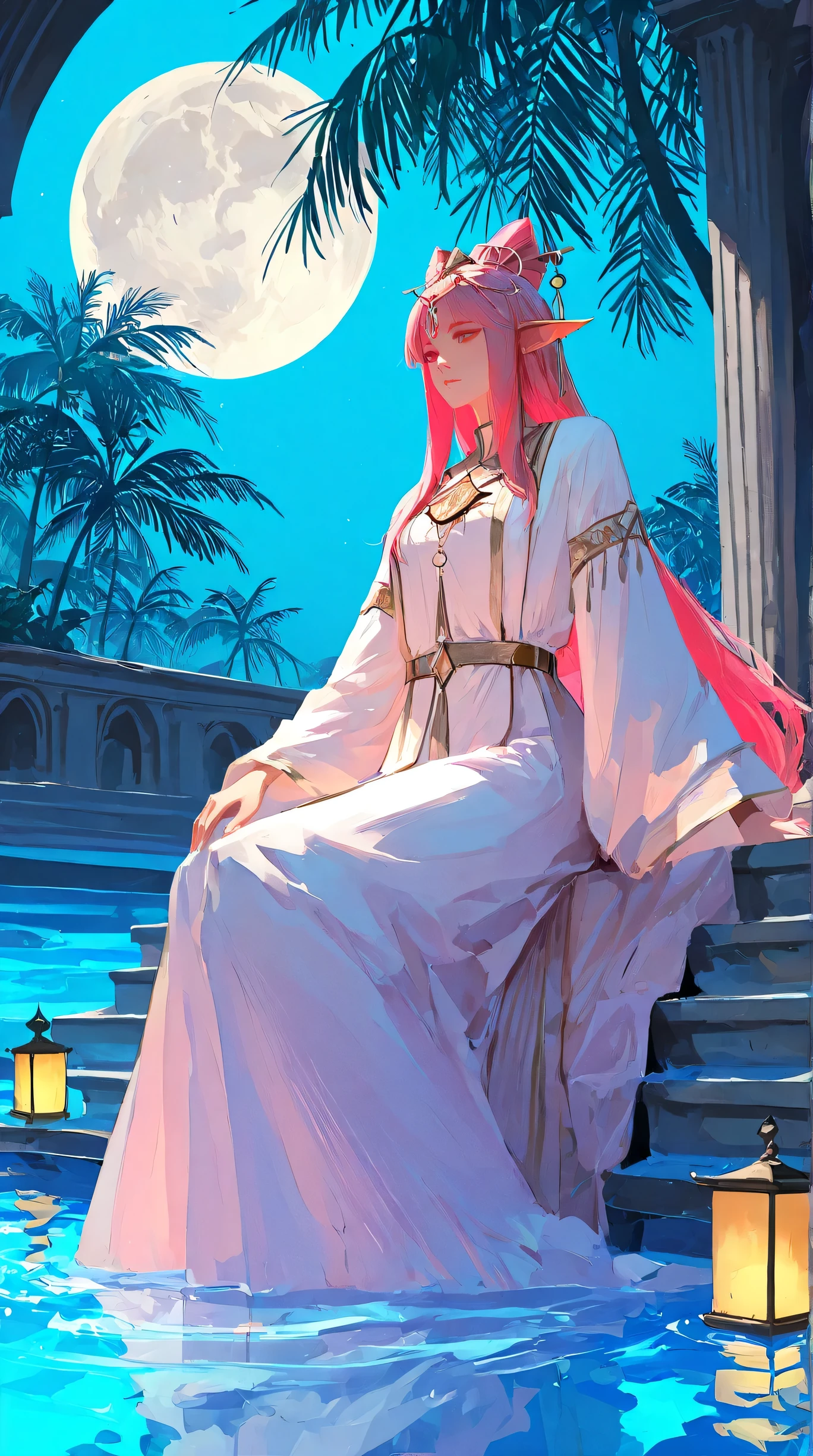 Masterpiece, Best Quality, Top Quality, Very Detailed, 1 girl, Stunning anime-style artwork of a mystical, elegant girl with long flowing pink hair and fox-like ears, sitting gracefully in a glowing pool under the full moon. She wears an ornate white and red outfit with fantasy elements and detailed accessories. The background shows a tropical night with silhouettes of palm trees and dimly lit traditional buildings, reflections shimmering on the water. The scene is calm, magical, and softly illuminated with blue tones and moonlight. Ultra-detailed, fantasy aesthetic, serene composition.