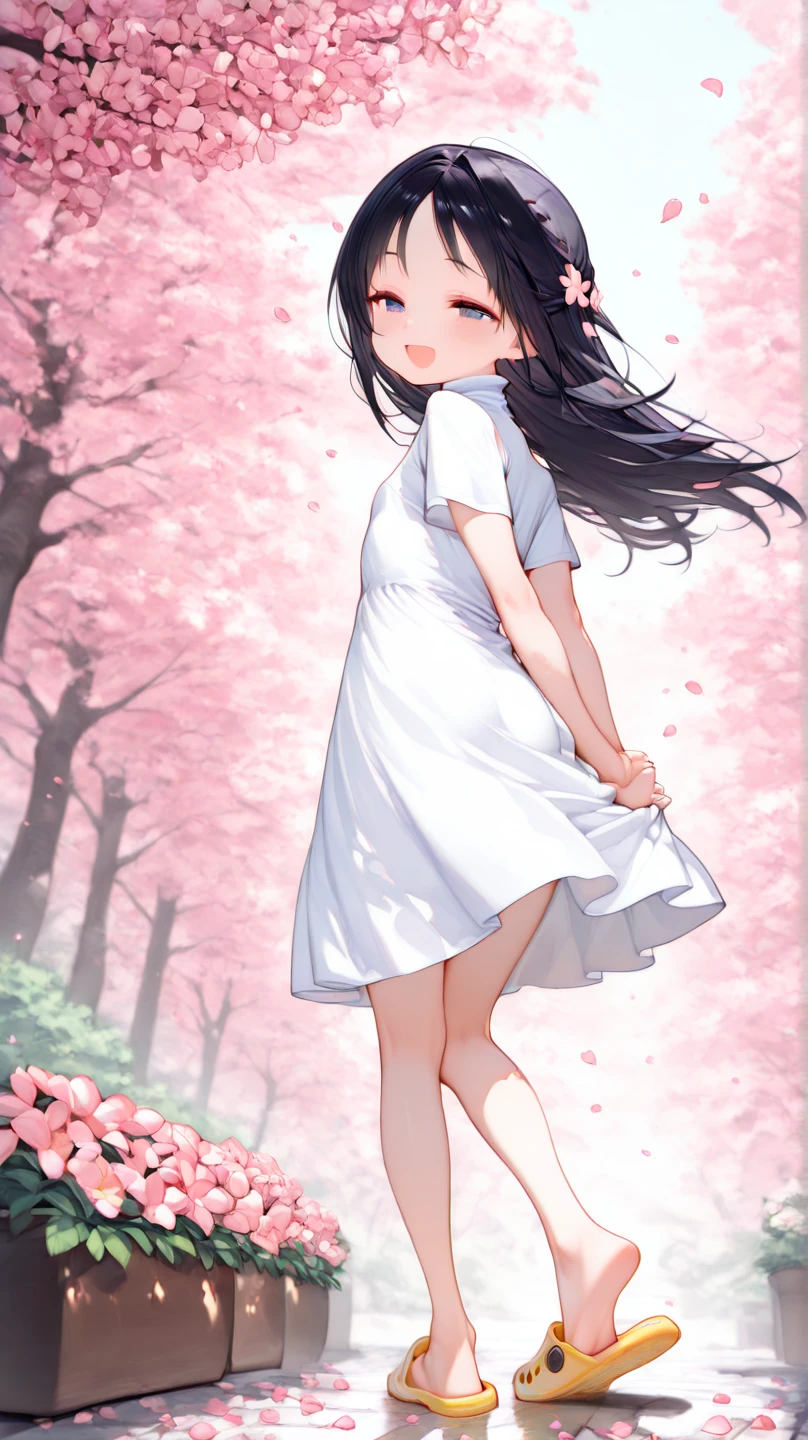 UHD, Super Detailed, High Quality, Best Quality, Masterpiece, detailed background, High Resolution, Anatomically Correct, 1loli, petite, 1preteen girl,skinny. A 14-years-old junior high school girl facing viewer with a smile, long black hair, she wear a white turtleneck sun dress, short sleeves, and crocs shoe. she standing on one leg at garden of sakura flowers within the cherry blossom trees, pink flower petals blown by the wind, the ground is filled by flower petals, looking back, happy, half-closed eyes, open mouth smile, she seems carefree and joyfull, she hold her arms with knive behind her back while lifting one of her feet and lean on side, the shot was taken from a distance where it also captures the scenery dramaticly, Wide Shot, F/1.2,
