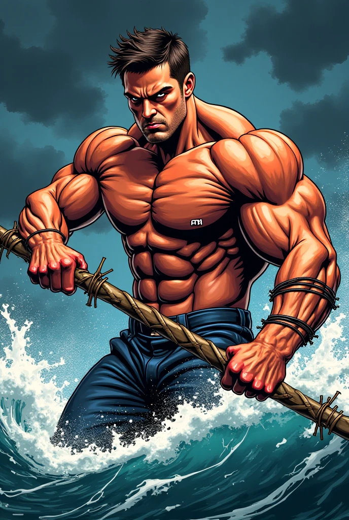 man, 30 years old, full body, powerful muscles, ugly contorted face, wearing docker's cap and old work clothes, harbor quay, port, Selective Color steel Neo-noir style mood,, watercolor sketch in artistic style, large strokes, finalized with ink, fine lines
