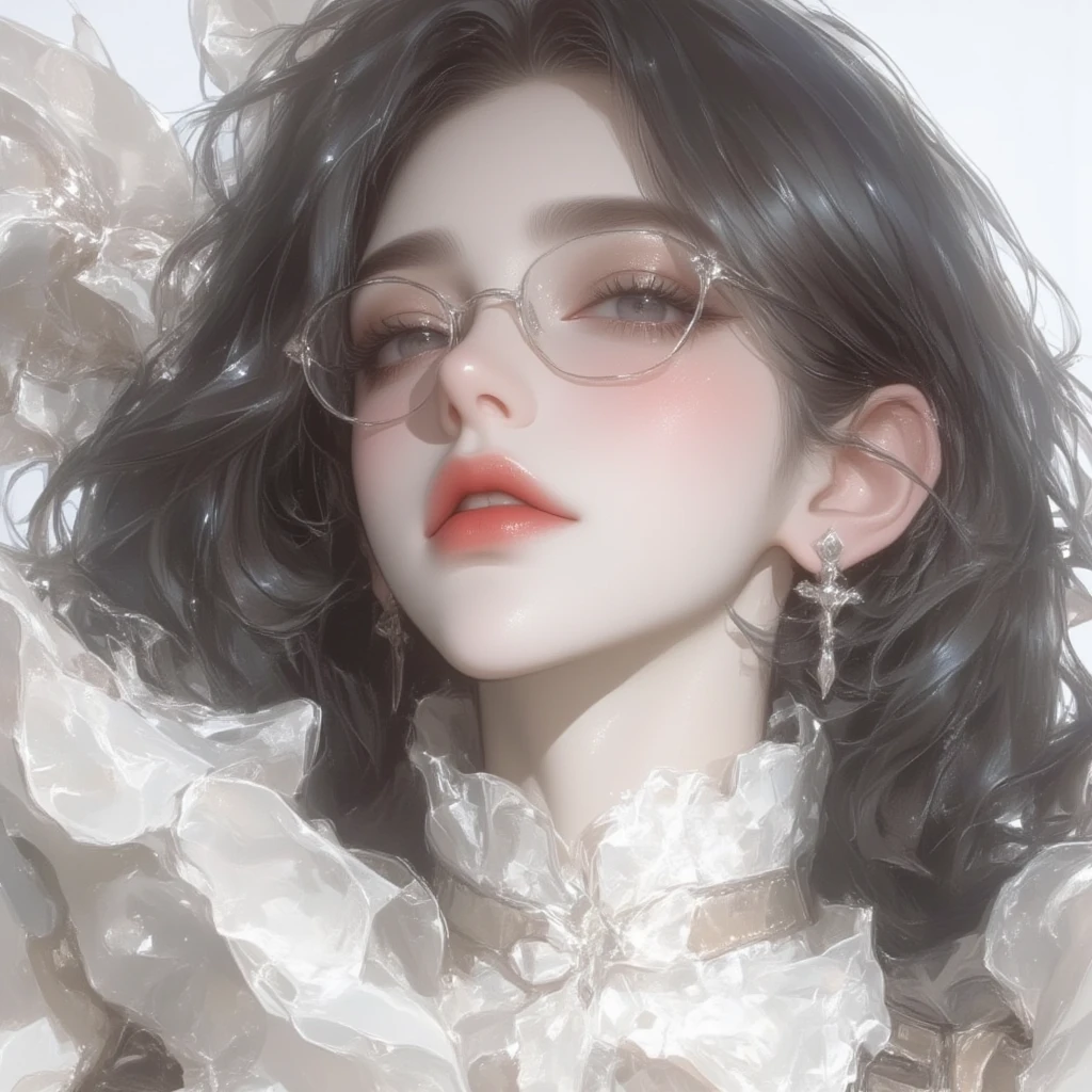 (masterpiece, best quality), 1girl, messy hair, choker, black silk pajamas, see-through, glasses,