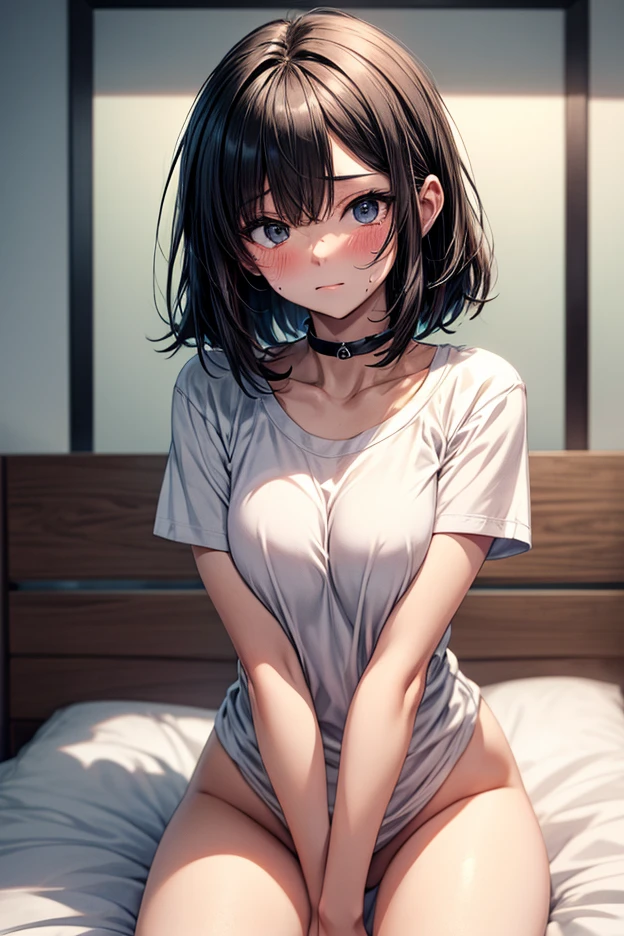 absurdres, RAW photo, extremely delicate and beautiful, masterpiece, Best Quality, ultra high resolution, 32k, hyperrealistic, ultra-detailed, perfect anatomy, anatomically correct, perfect figure, super Detailed skin, 20 years old, very Slim body, narrow waist, very small head, very small face, delicate facial features, detailed face, detailed eyes, tearful mole, earring, thin legs, bare legs, very huge round breasts, short medium hair, ((wavy hair)), wet clothes,