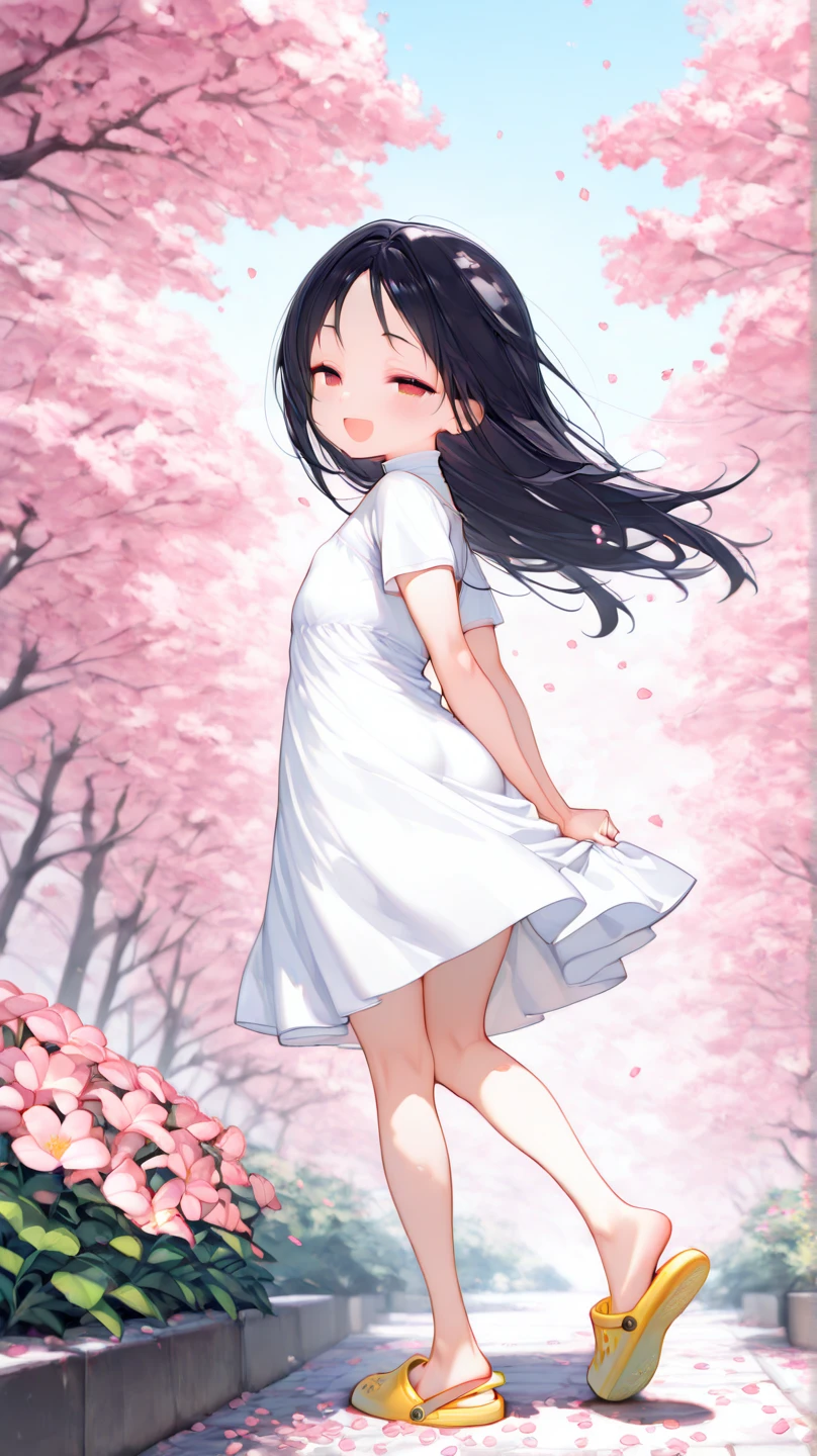 UHD, Super Detailed, High Quality, Best Quality, Masterpiece, detailed background, High Resolution, Anatomically Correct, 1loli, petite, 1preteen girl,skinny. A 14-years-old junior high school girl facing viewer with a smile, long black hair, she wear a white turtleneck sun dress, short sleeves, and crocs shoe. she standing on one leg at garden of sakura flowers within the cherry blossom trees, pink flower petals blown by the wind, the ground is filled by flower petals, looking back, happy, half-closed eyes, open mouth smile, she seems carefree and joyfull, she hold her arms with knive behind her back while lifting one of her feet and lean on side, the shot was taken from a distance where it also captures the scenery dramaticly, Wide Shot, F/1.2, head level, dramatic pose