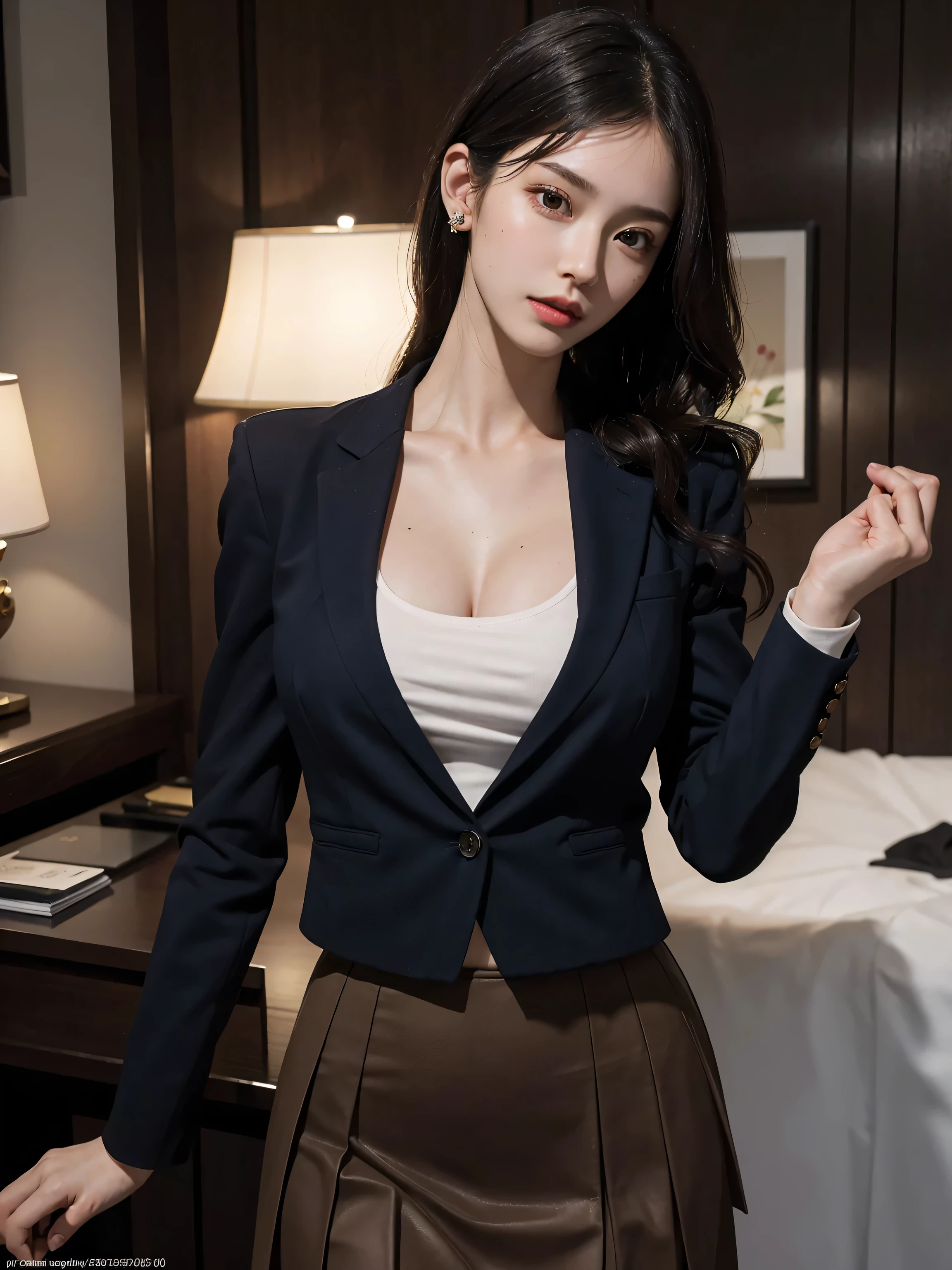 best quality, masterpiece, 1girl, Beautiful face, (photo realistic:1.3), rim lighting, (high detailed skin:1.2), 8k uhd, dslr, high quality, high resolution, 4k, 8k, Bokeh,  absurdres, best ratio four finger and one thumb, (realistic:1.3), cute 1girl, wearing black formal blazer, medium breasts, short skirt,