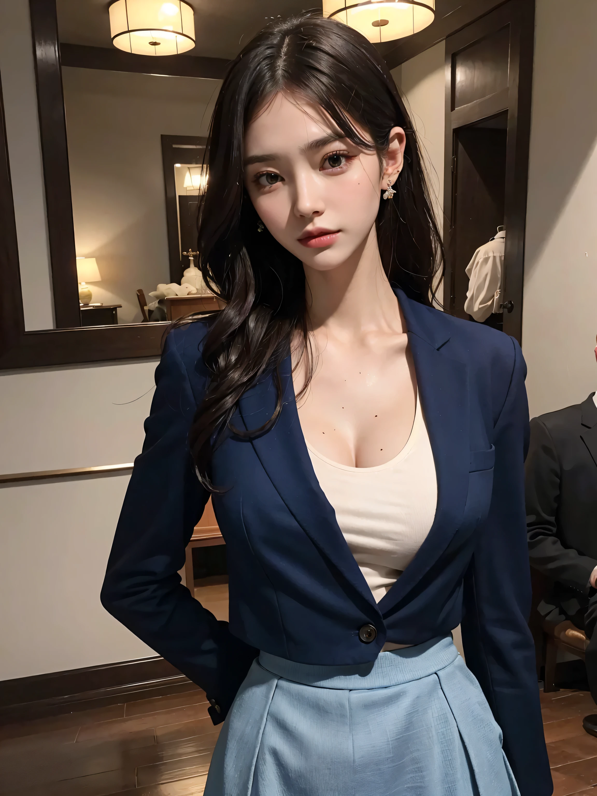 Tied and tied woman in a dark room、Her hands were behind her back and her wrists were tied with rope.、beauty、Wear a dark blue, long-sleeved blazer.、 floating hair, straight hair, shiny hair, eyeball, shy, Surrealism, movie light, UHD, best quality, height, 8ก
