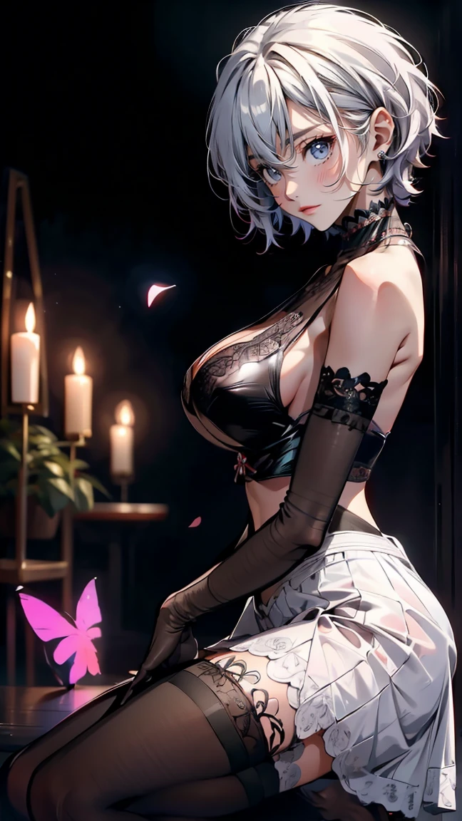 ((monochrome))(Image from chest up:1.4)((masterpiece:1.5,Highest quality,Beautiful images、Sketch、2.5D、Ink Painting、Abstract、Artistic、Portraiture))(1girl, solo)(medium breasts, white hair、bob hair、Beautiful cleavage、Exposing shoulders)(Profile Portrait,Gaze sideways、Gaze diagonally、Shake your head、A sad expression, floating hair)(Monotone artistic background)from side