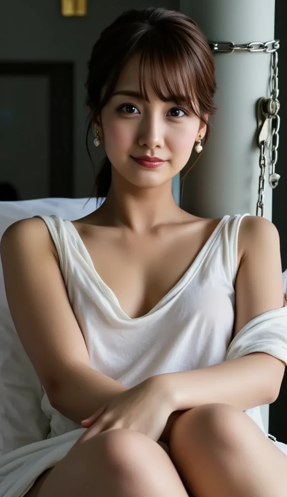 (Highest quality、masterpiece:1.2)、Very detailed、(Photorealistic:1.4)、Japanese、cute、Age 25、Side view angle、Looking out of the camera、Random Hairstyles、Random facial expressions、Plus size nurse uniforms、Down blouse, Light_particle、Bright Hospital、(Leaning forward:1.5)、valley、You can see a small bra