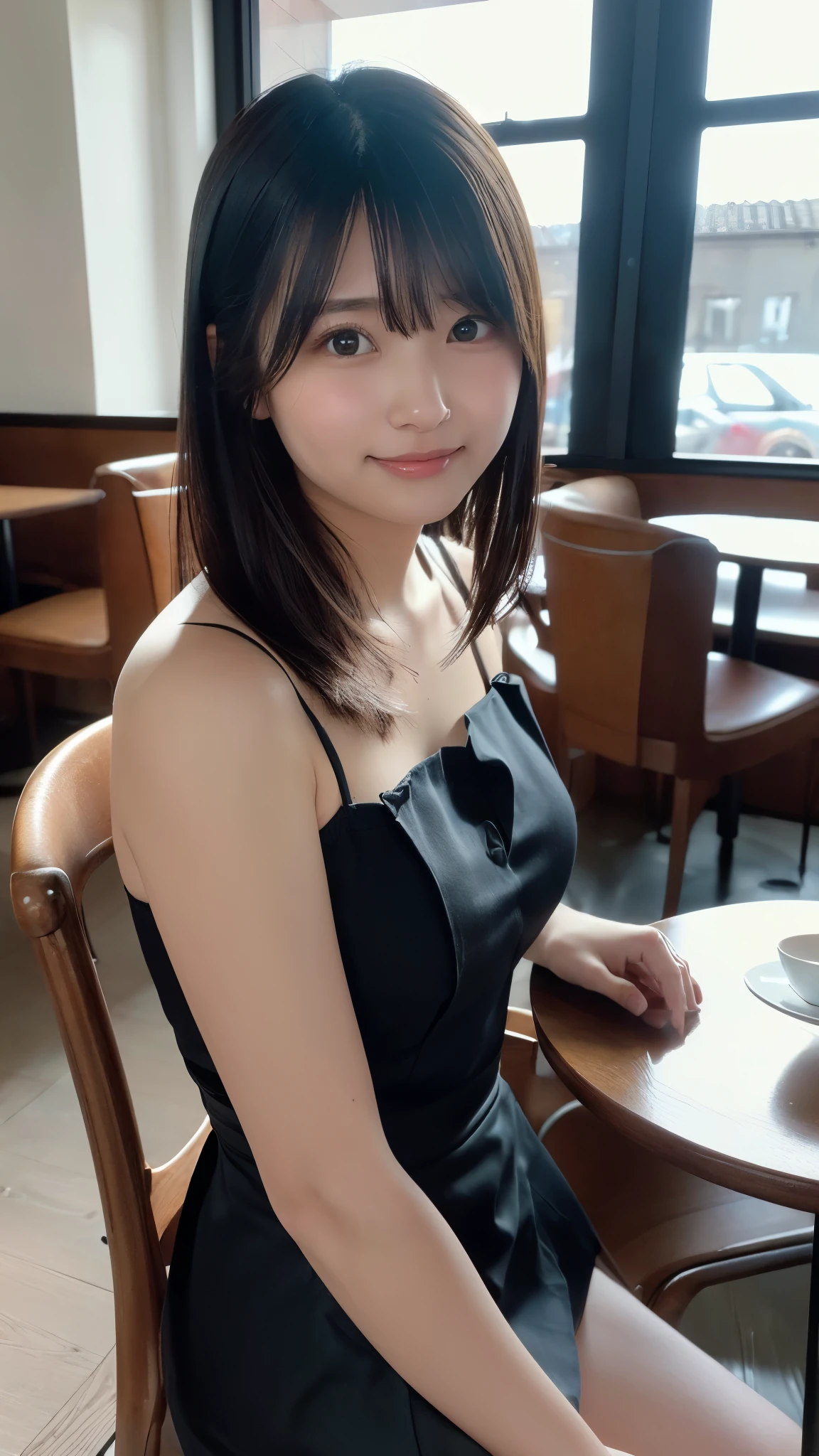 highest quality, masterpiece, 8K, ultra high resolution, (realistic: 1.4), beautiful face, symmetrical eyes, Japanese, brown hair, smile, wearing makeup, high-definition images, atmospheric perspective, super detail, accurate, best quality, (angle from under the table), a Japanese lady, drooping eyes, sleepy face, blush, in the city, busy, skyscrapers, skirt, high boots, necklace, restaurant with large windows, takes a seat, (other customers), night scene, windows have harbor view, foods, 
