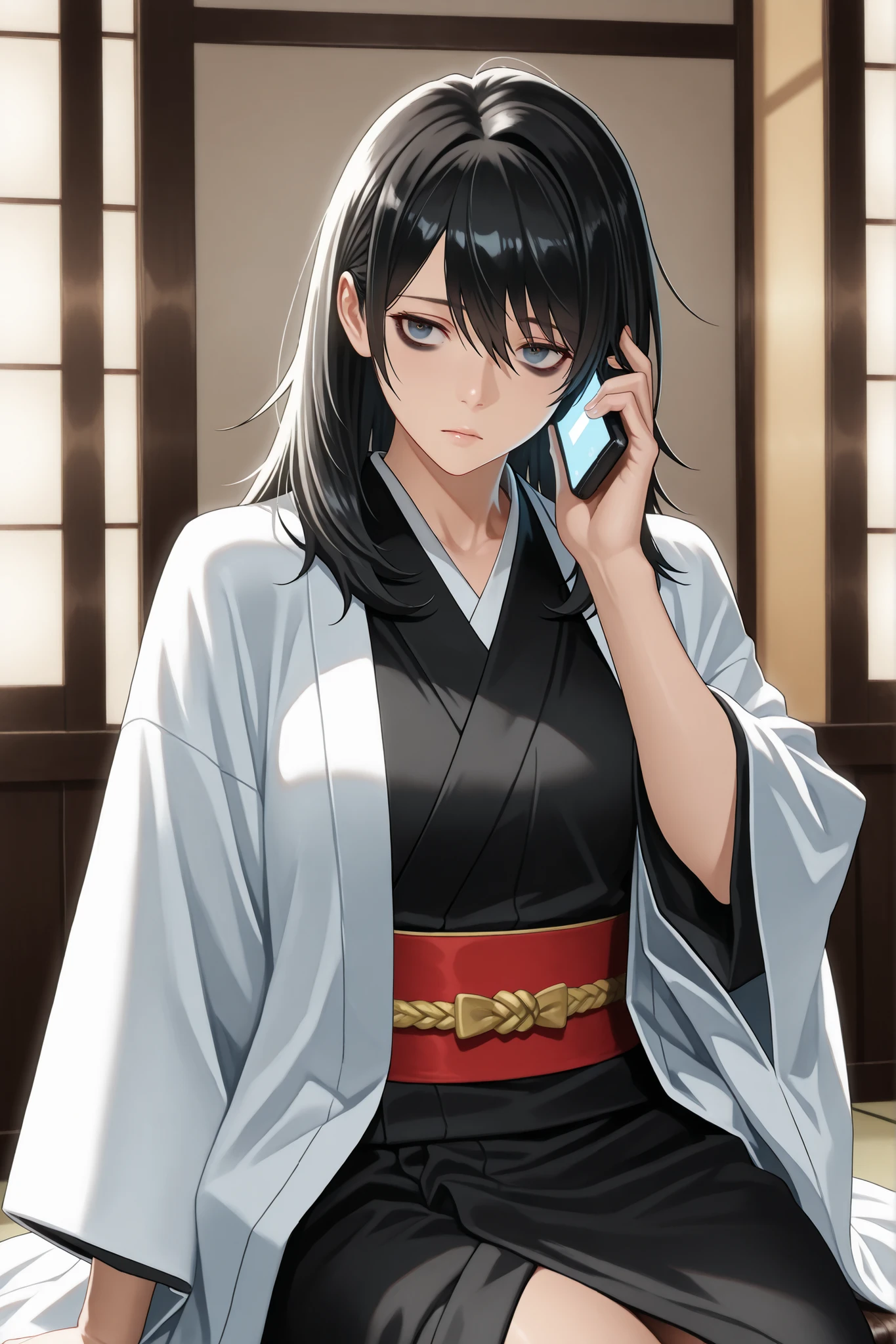 "Masterpiece, ultra-detailed, 4K, HD, cinematic lighting, semi-realistic style. Perfect face, perfect hands, perfect posture. ((cowboy shot)), (((L Lawliet reimagined as a captain of 3rd division))), (((white haori))), ((black kimono)). Best quality, semi-realistic aesthetic, harmonious composition, immersive depth, cinematic lighting. *2D semi-realistic, ((solo)), (((1man))), diplomatic tension in the air, black hair, bags under eyes, talking on phone, ((tired)), one hand on forehead, sitting, ((analyzing data))
