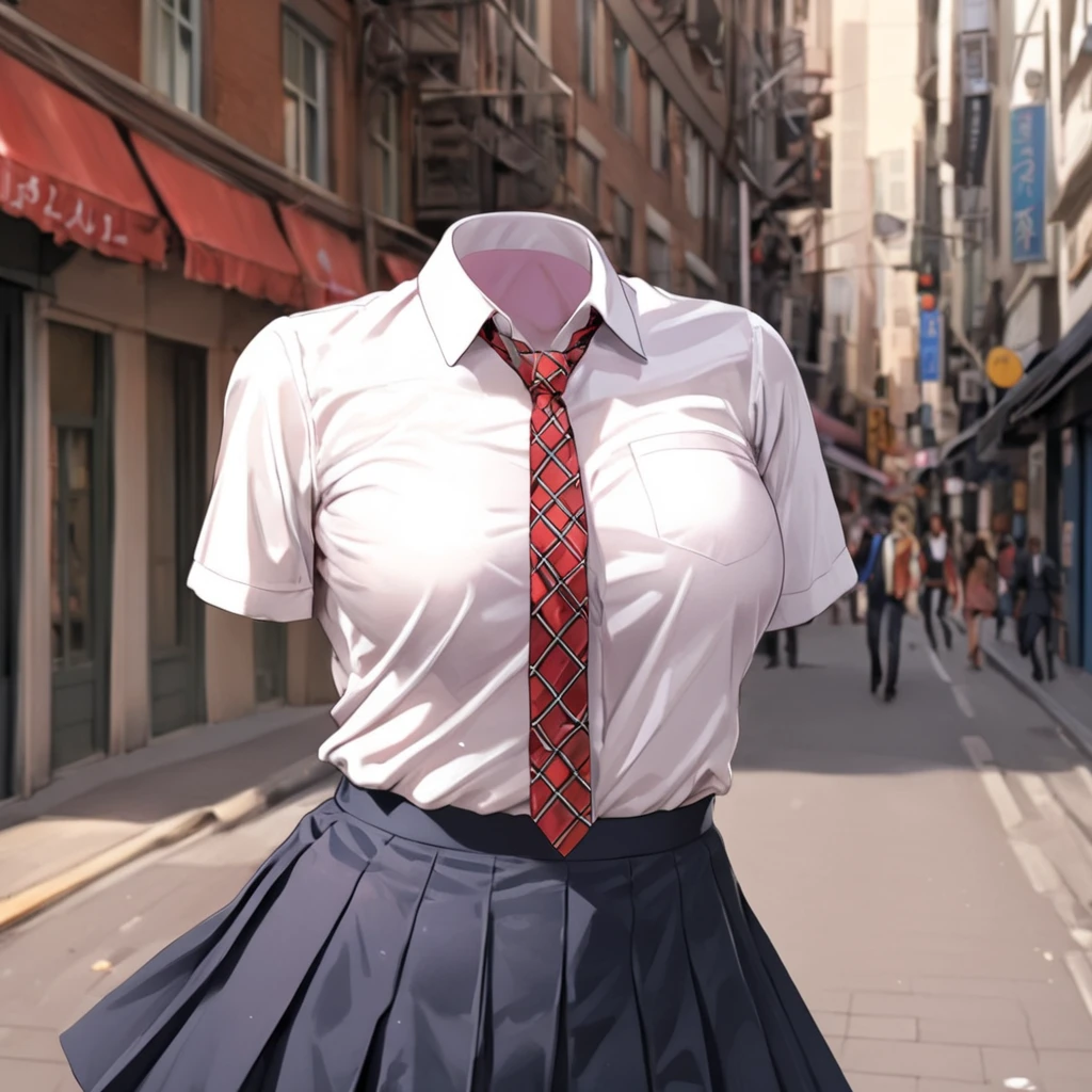 (invisible:1.5, no humans:1.5, headless:1.5, faceless:1.5), (School uniform, red check tie, in city:1.2), (big breast), (best quality, masterpiece:1.2), detailed cloth texture, detailed anime, illust, leaning forward