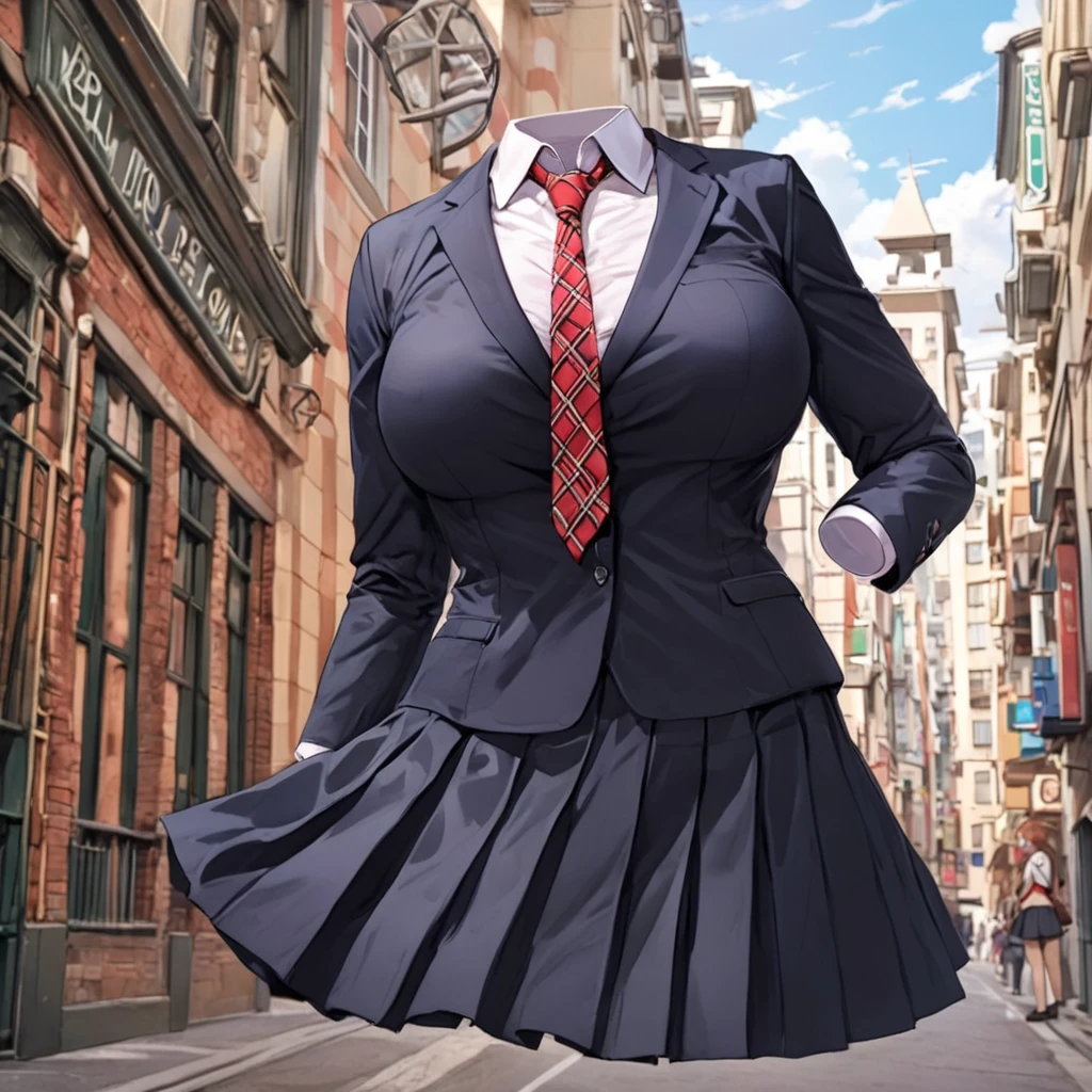 (invisible:1.5, no humans:1.5, headless:1.5, faceless:1.5), (School uniform, red check tie, in city:1.2), (big breast), (best quality, masterpiece:1.2), detailed cloth texture, detailed anime, illust, leaning forward