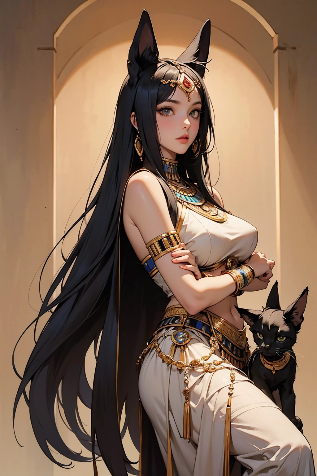 very good illustration, High detail, dynamic angle, beautiful detailing,2D, (Best quality, masterpiece, Beauty, tenderness), anime, Highly detailed face, very detailed eyes, very detailed background, perfect lighting, whole body, 1 girl, One, (Very detailed cat ears), (Very detailed ears behind the hair)? Goddess Bastet, Ancient Egypt \(Очень подробный Ancient Egyptian\), Very detailed clothes, green eyes, Finely detailed eyes, ears covered with hair, (very detailed background)