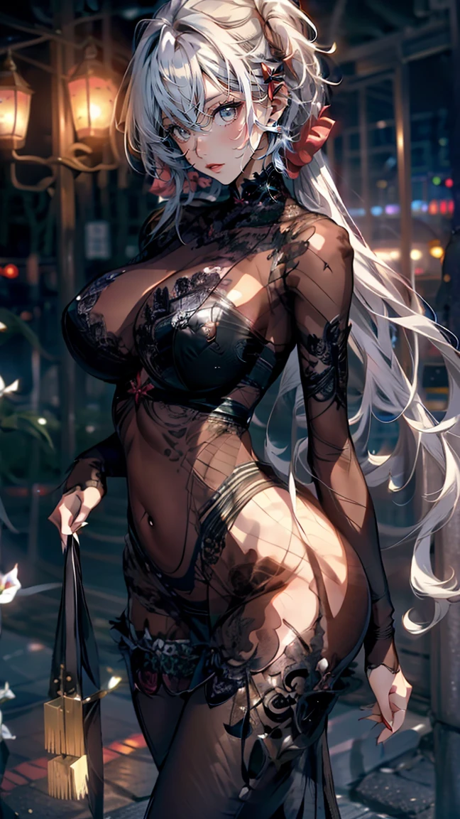 1girl(Mei Mei / Jujutsu Kaisen), beautiful detailed eyes, beautiful detailed lips, extremely detailed eyes and face, long eyelashes, white hair, grey hair, hair over one eye, braided ponytail, long sleeves, breasts, puffy sleeves, juliet sleeves, slim slender body, fit athletic body, toned abs, flawless skin, hourglass figure, long elegant legs, sensual pose, arrogant expression, intense gaze, nsfw, anime style, 8k, high quality, highly detailed, chiaroscuro lighting, dramatic lighting, vibrant colors.