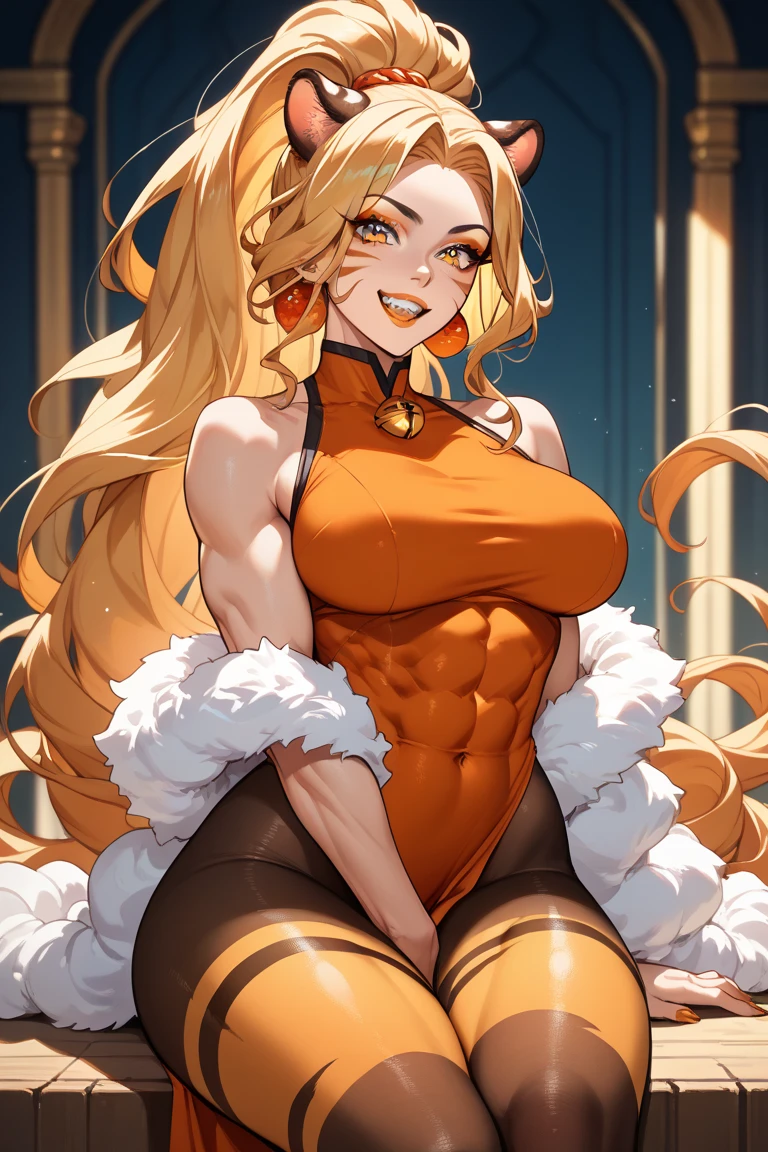 woman, lion woman, whiskers, lion claws, lion tail, messy hair, yellow cat eyes, muscular, lion cloth, in house, living room, lion ears on top of her head, thick thighs, abs, big breasts, solo, one girl, one woman, lion tail, lion cloth, fur clothes, dark leather clothes, tan skin, long hair, in wild ponytail, claws on hands, thigh high socks, crop top, ONE TAIL