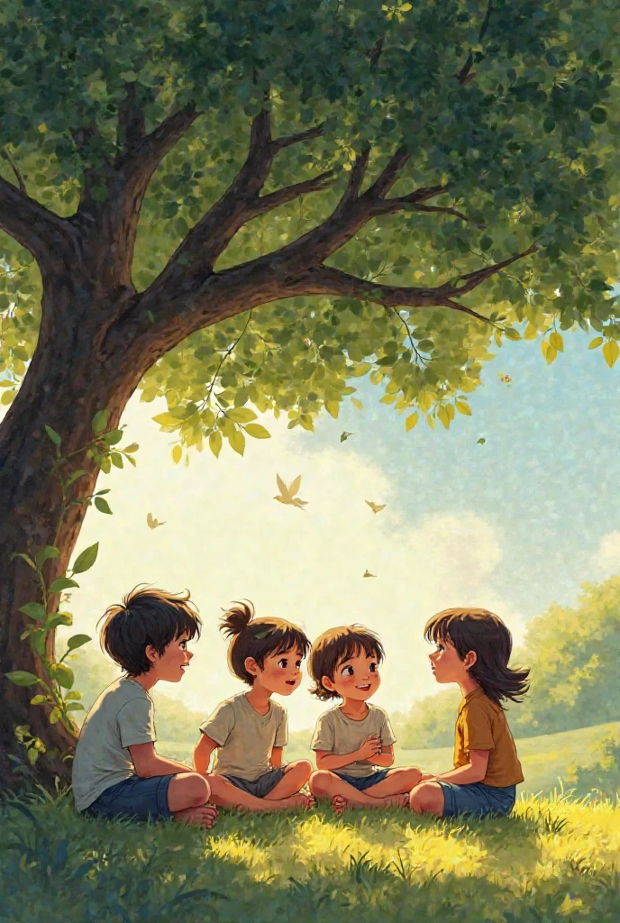 under a tree five boys are gossiping .  Birds are flying in the sky.  Rice field in front of the boys