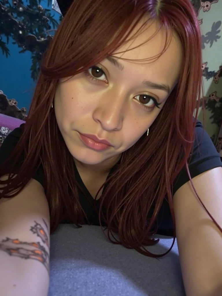 there is a woman with red hair and tattoos on her chest, snapchat photo, red lipstick on face, thick red lips, brown eyes with red eye markers, cheeky smile with red lips, eyes and lips, red contacts, instagram, sexy face with full makeup, selfie of a young woman, ayahausca, lorena avarez, ๐ ๐ ๐ ๐ --auto --s2