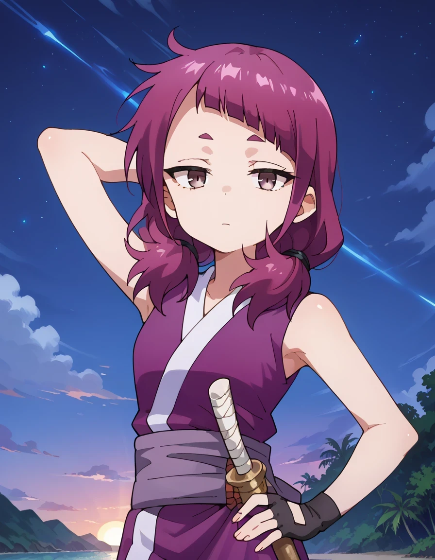 shakuyaku, sleeveless, japanese clothes, hightighs, fingerless gloves, anime screenshot, shiny skin, high quality, solo, three-quarter cowboy shot, (contrapposto), hand behind head, hand on hip, closed mouth, night sky, beach, looking at viewer, expressionless, best quality,