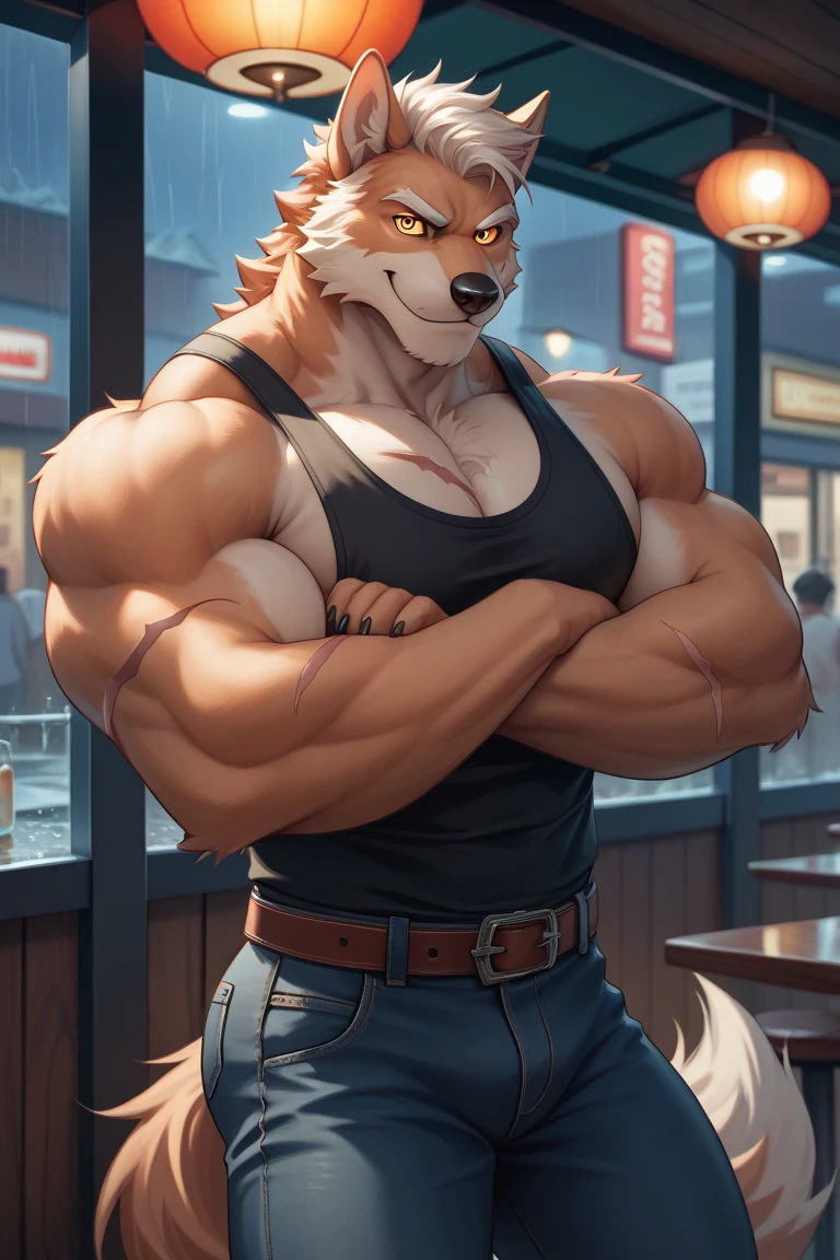 Kaltag pny, alaskan malamute, solo, detailed, detailed face, detailed eyes, anthro body, male, adult, very muscular:1.1, cartoon shading, cel shaded:1.0, flat colors, shirtless, wfa style, negger style, cartoony , above waist, looking at viewer, arms crossed, countryside background:1.1 