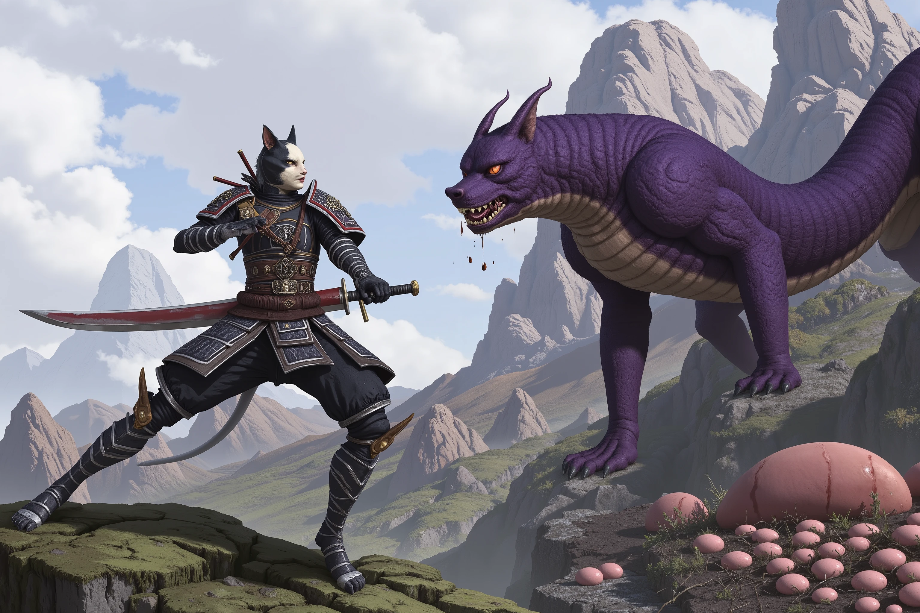A samurai cat (humanoid feline, black and white medieval samurai armor, huge sword, one ear and eye scarred) is in combat with a trio f demon dogs (yokai, violet warty skin, toothy maw, extra long serpentine body) do battle on a mountain, the demon dog nest is nearby with many eggs