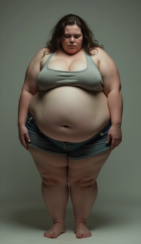 The image portrays a person with an increased body weight, achieving a natural and realistic look. Their heavier build is seamlessly integrated into their overall appearance, preserving the proportions of their body. The individual is seen from a frontal perspective, capturing their full figure in high definition. The lighting is soft and even, illuminating their features in a flattering manner. The image is intricately detailed, showcasing folds and curves in a smooth and smooth manner, enhancing the natural appearance of their increased weight. The image has a high quality finish, exuding a cinematic and dramatic feel, ensuring that every detail stands out. The image is presented in 4K resolution, offering a vivid and
